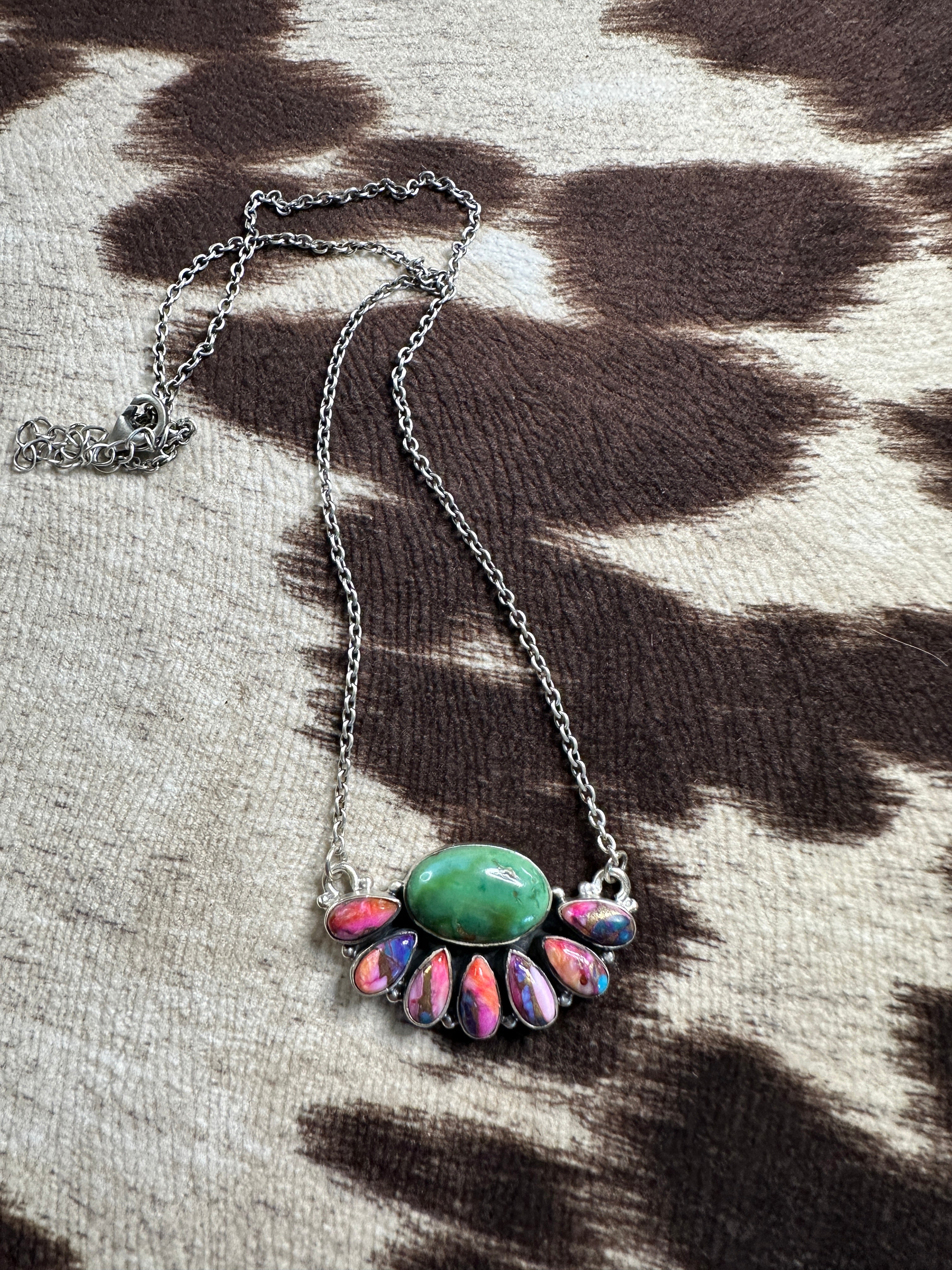 Handmade Pink Dream Mojave, Turquoise & Sterling Silver Crescent Necklace