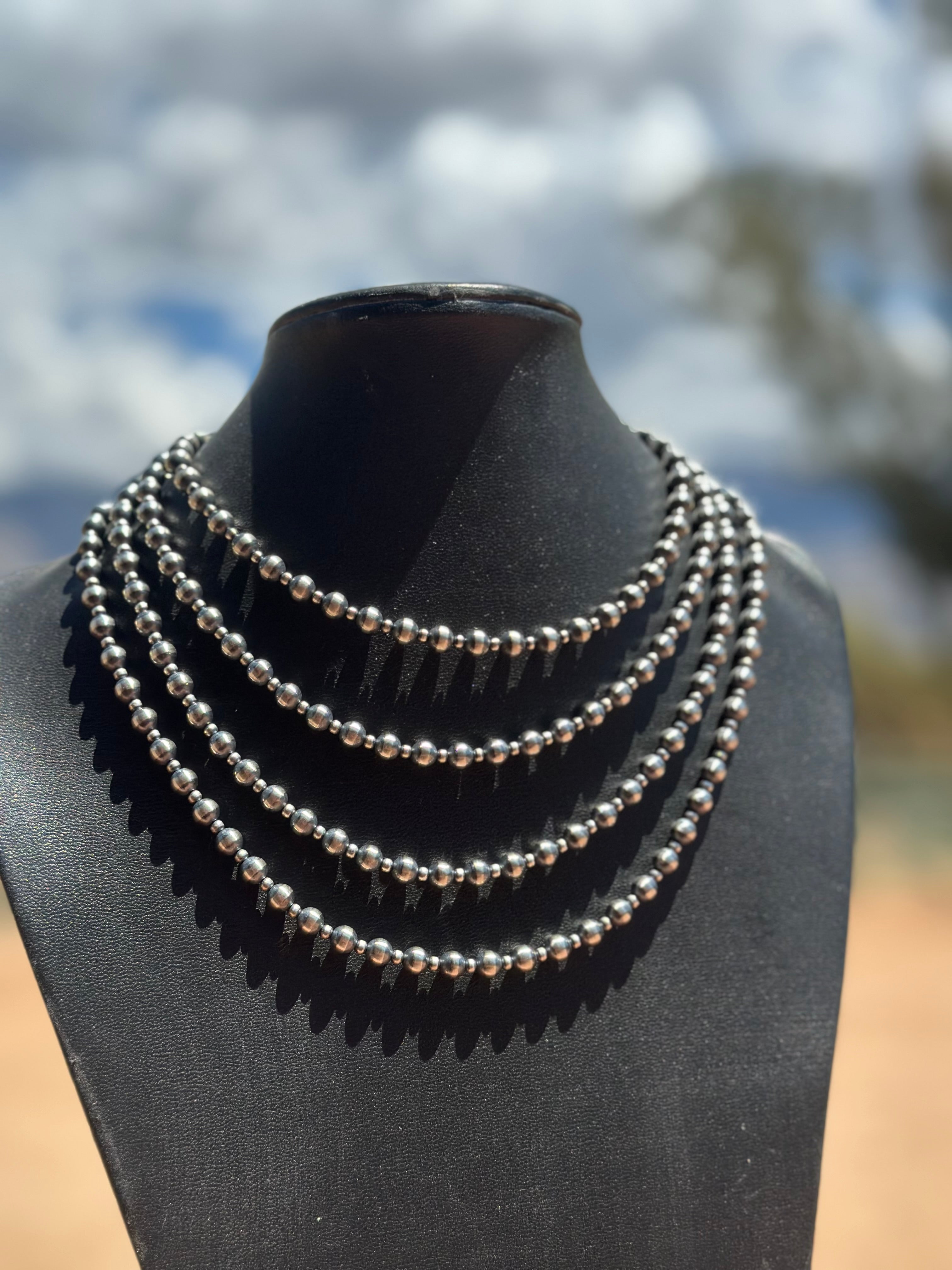 Handcrafted Patterned Pearl Style 3-6mm Sterling Silver Beaded Necklaces