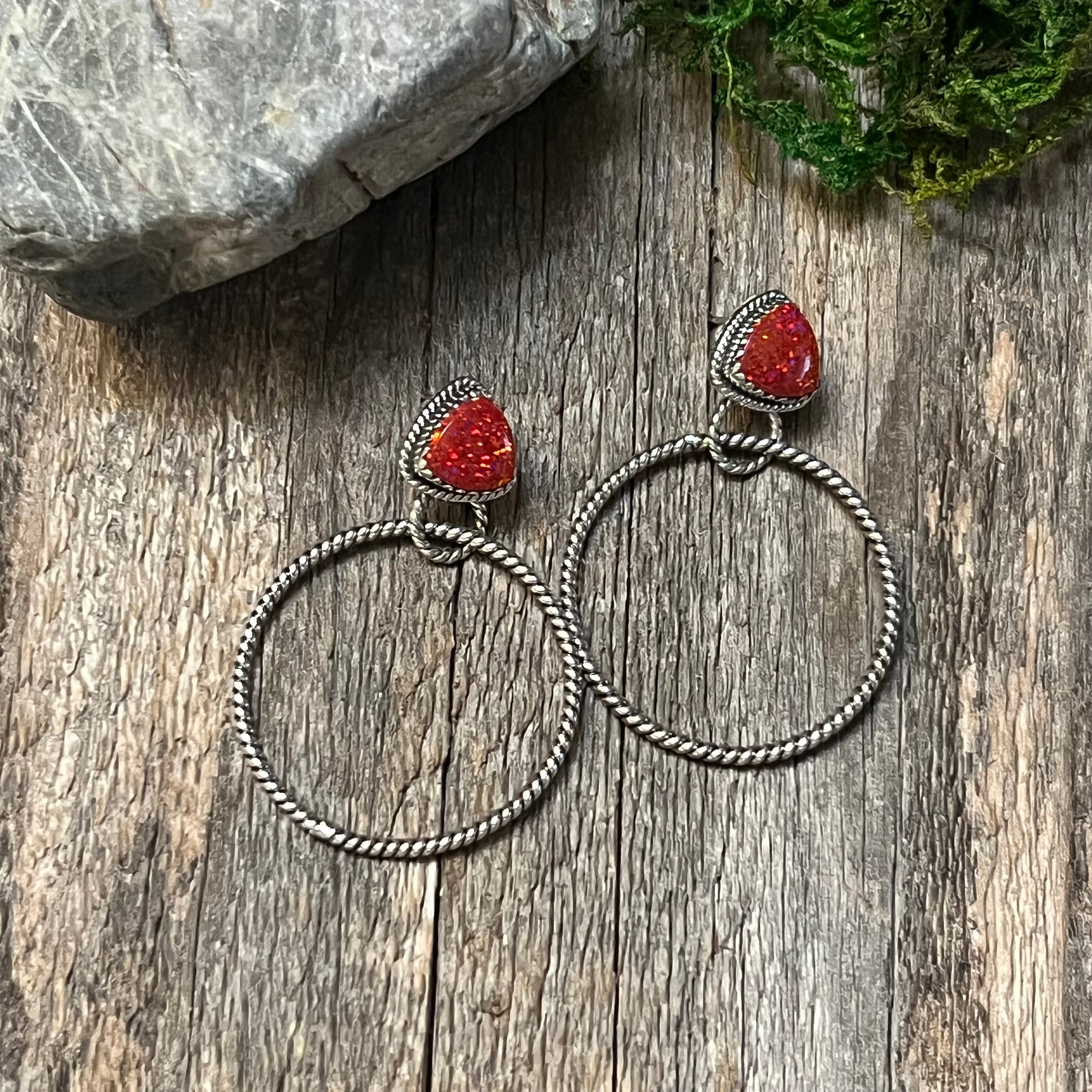 Handmade Fire Red Speckled Opal Sterling Silver Hoop Earrings