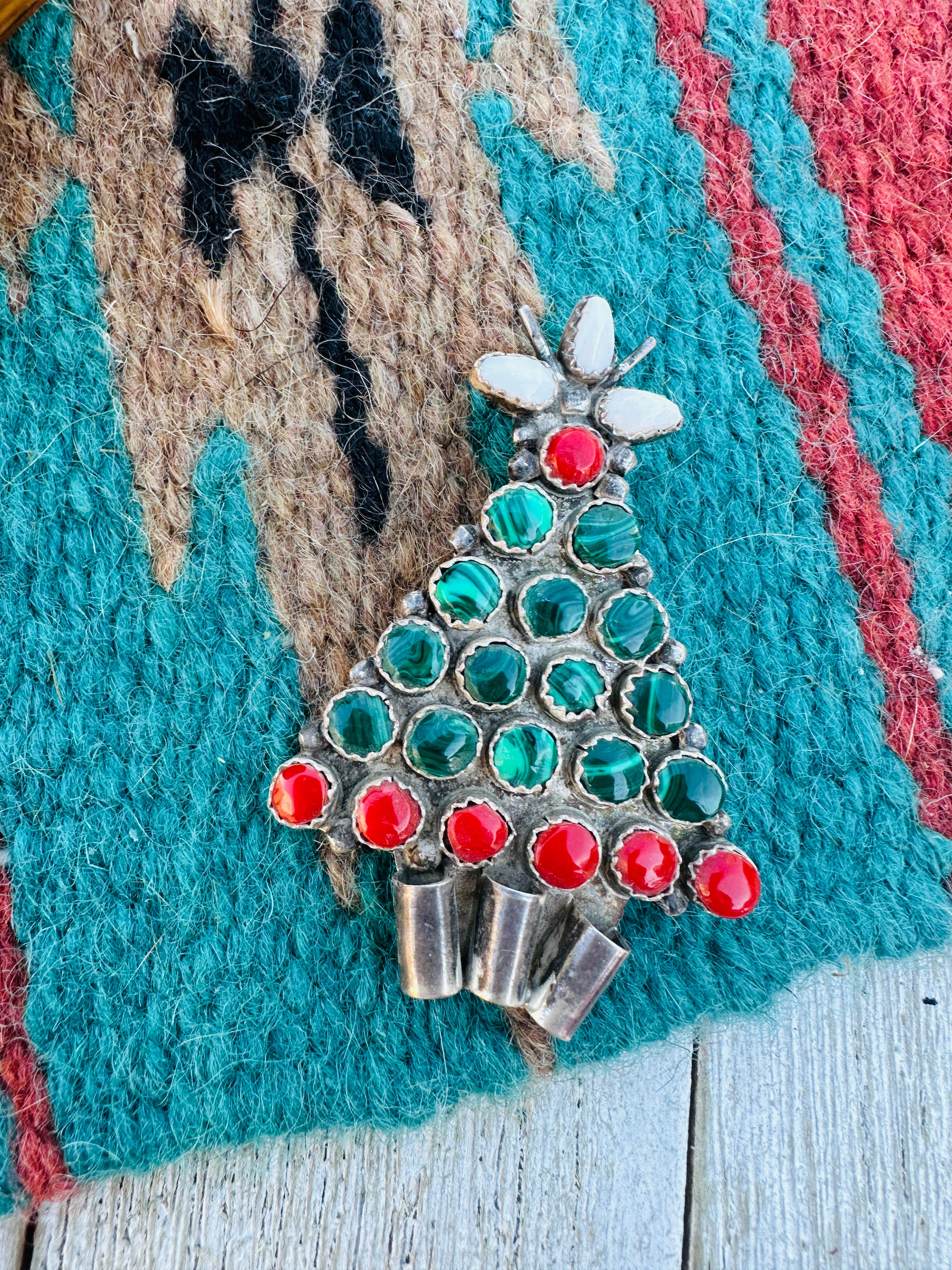 Handcrafted Old Pawn Sterling Silver & Multi Stone Christmas Tree Brooch
