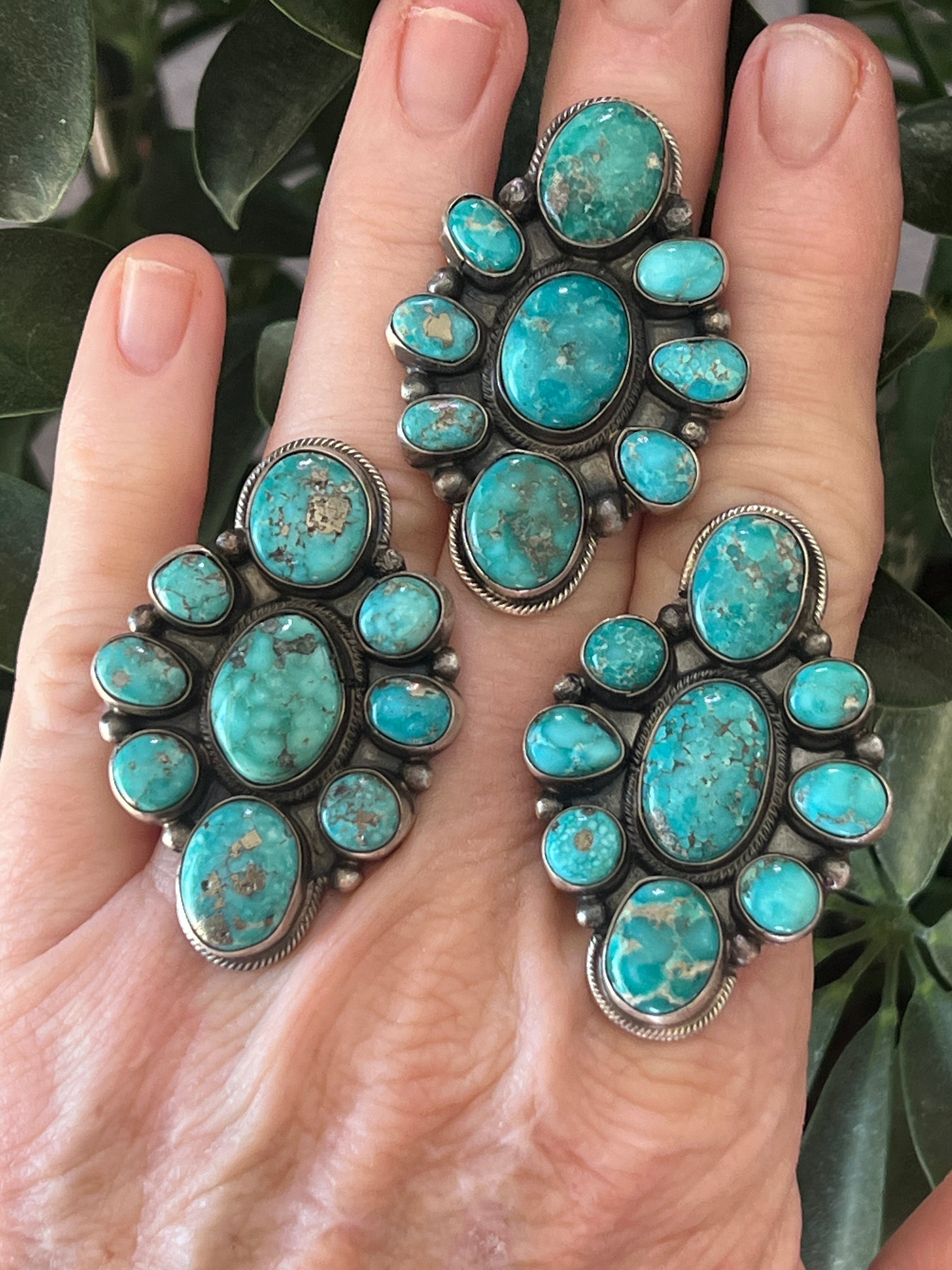 Handcrafted Sterling Silver and Natural Campitos Turquoise Cluster Rings by Sheila Becenti