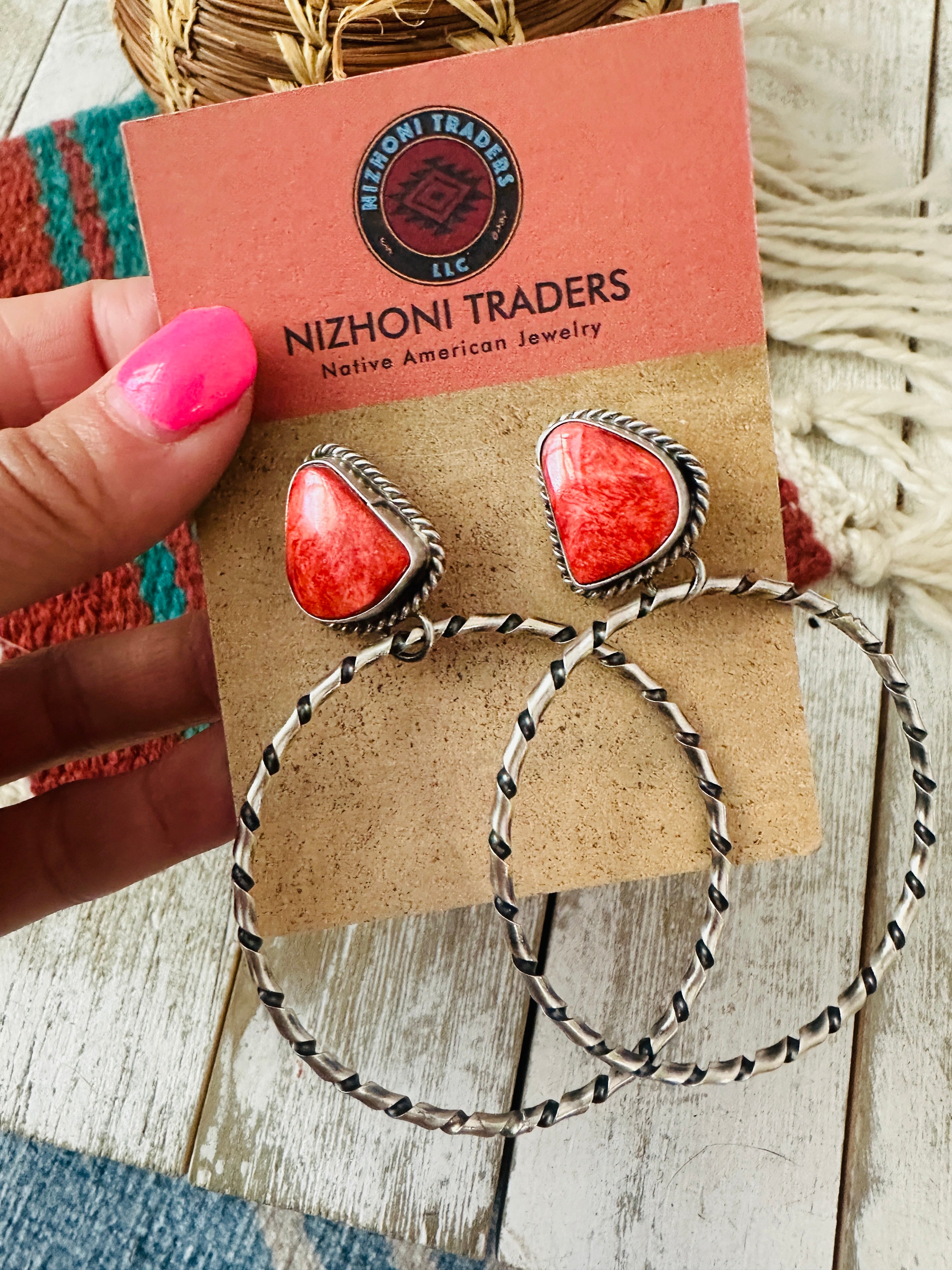 Navajo Orange Spiny and Sterling Silver Dangle Hoop Earrings