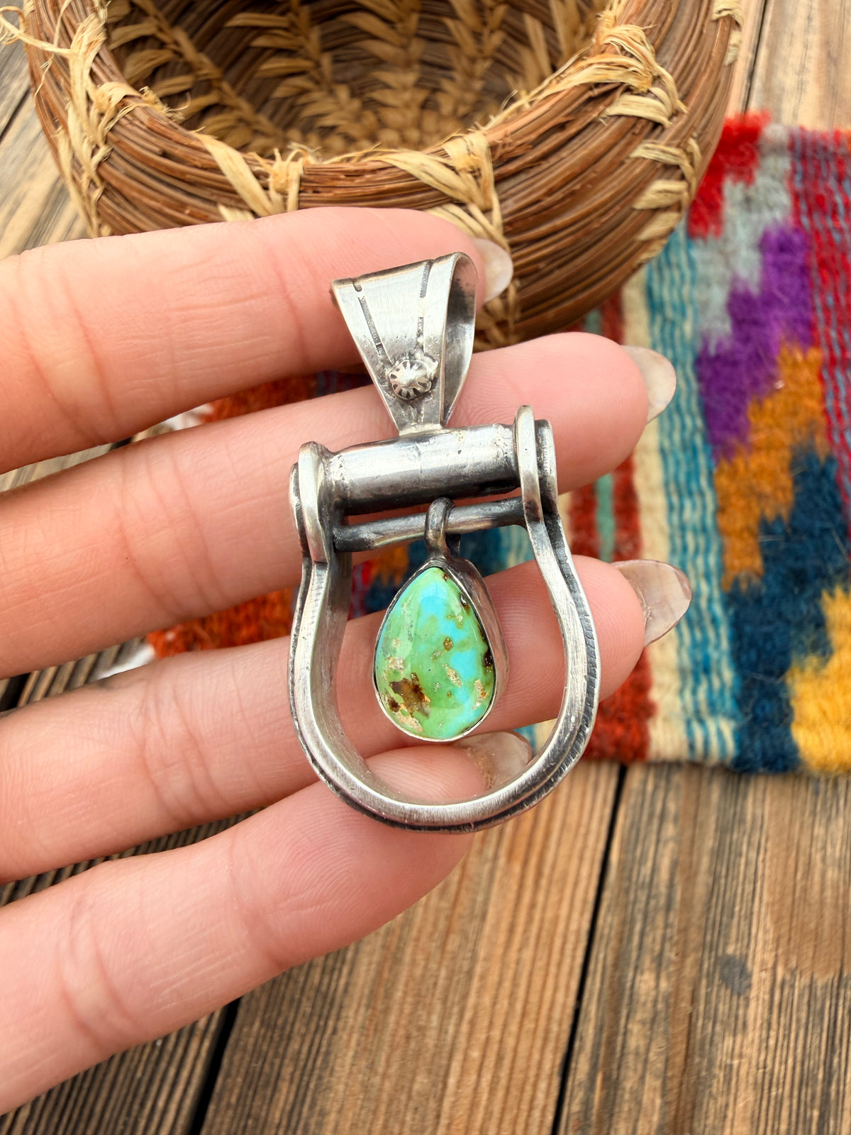 Handcrafted Sterling Silver & Turquoise Stirrup Pendant by Charles Johnson