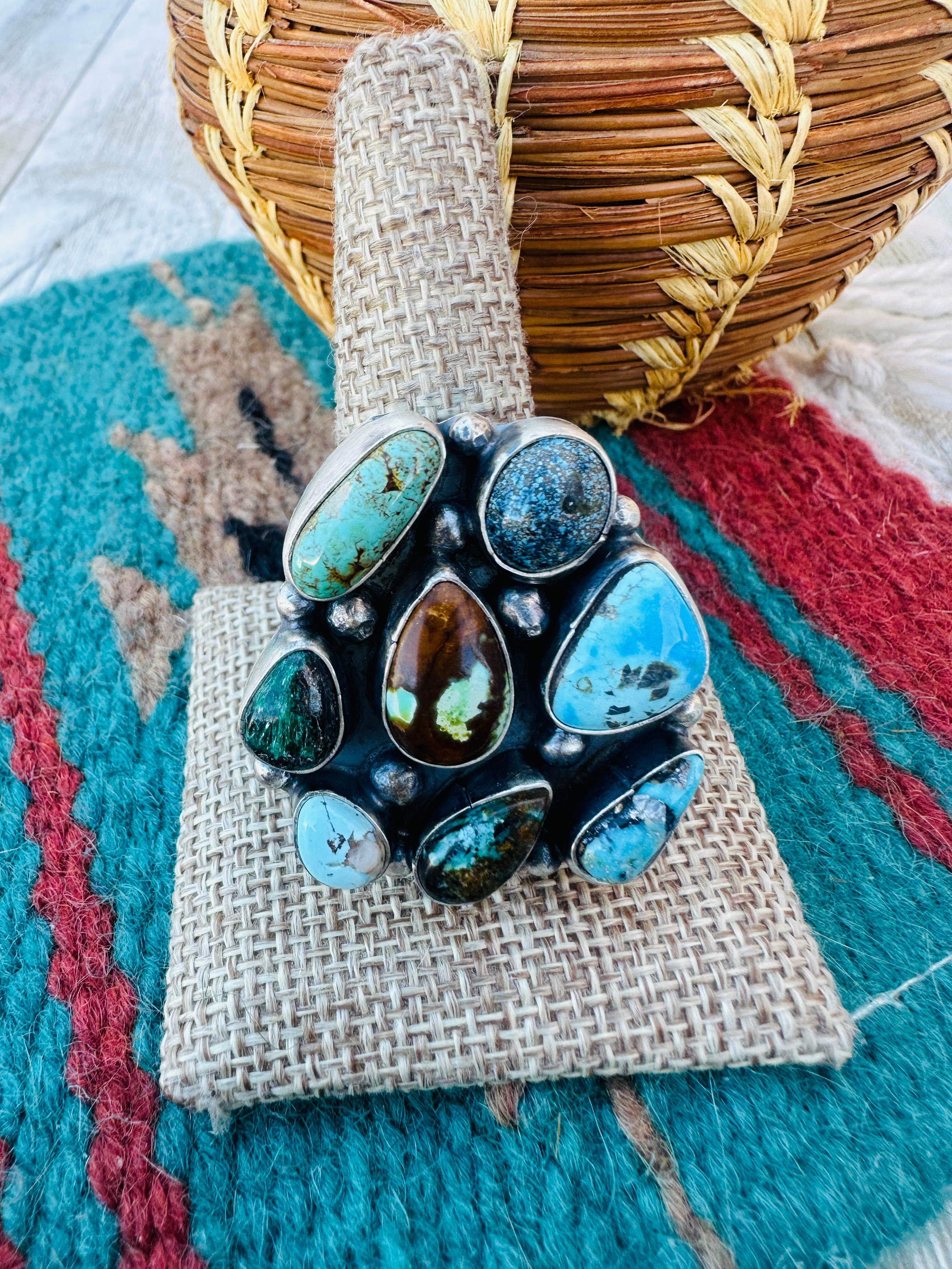 Hand Crafted Multi Turquoise & Sterling Silver Cluster Adjustable Ring by Sheila Becenti