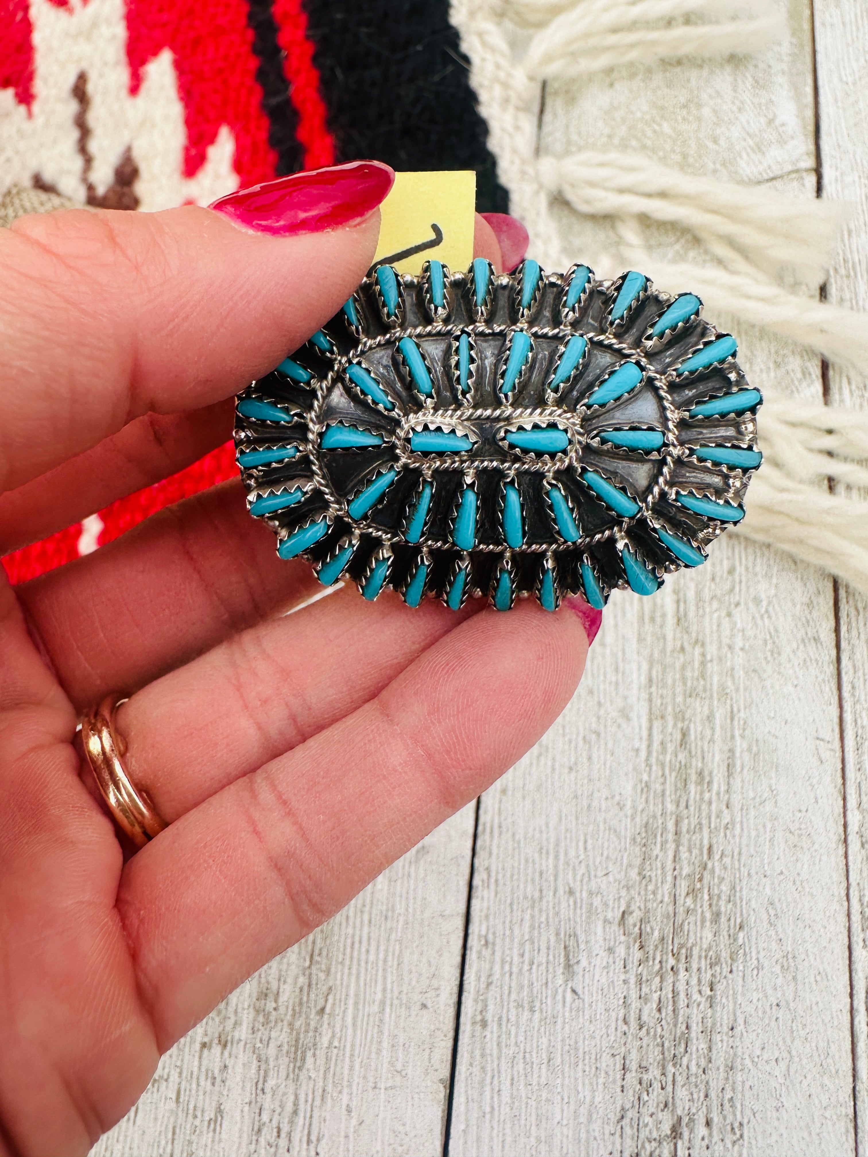 Old Pawn Handcrafted Turquoise & Sterling Silver Cluster Ring Size 8