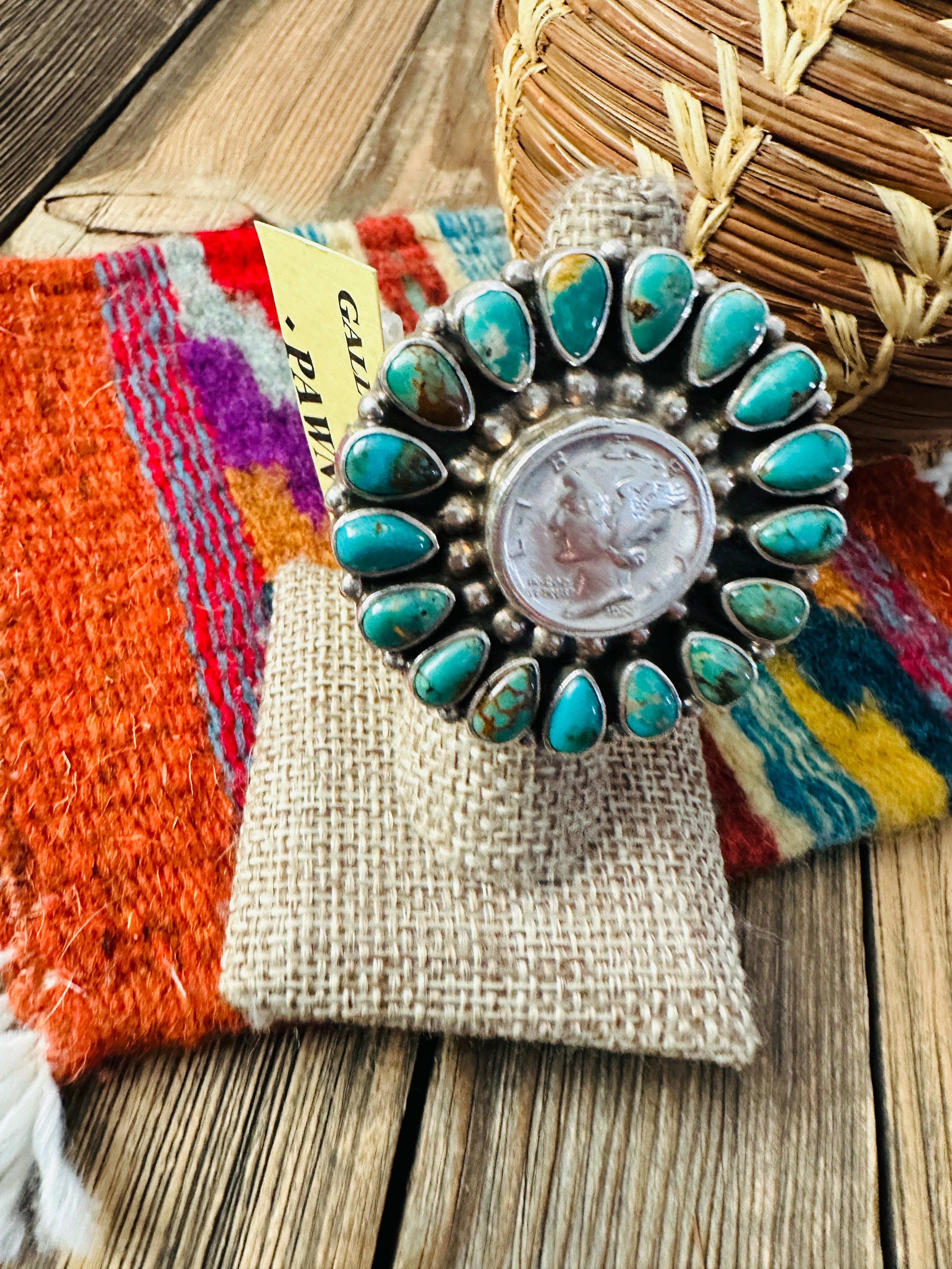 Old Pawn Handcrafted Turquoise & Sterling Silver Liberty Dime Adjustable Ring by Tonya Rafael