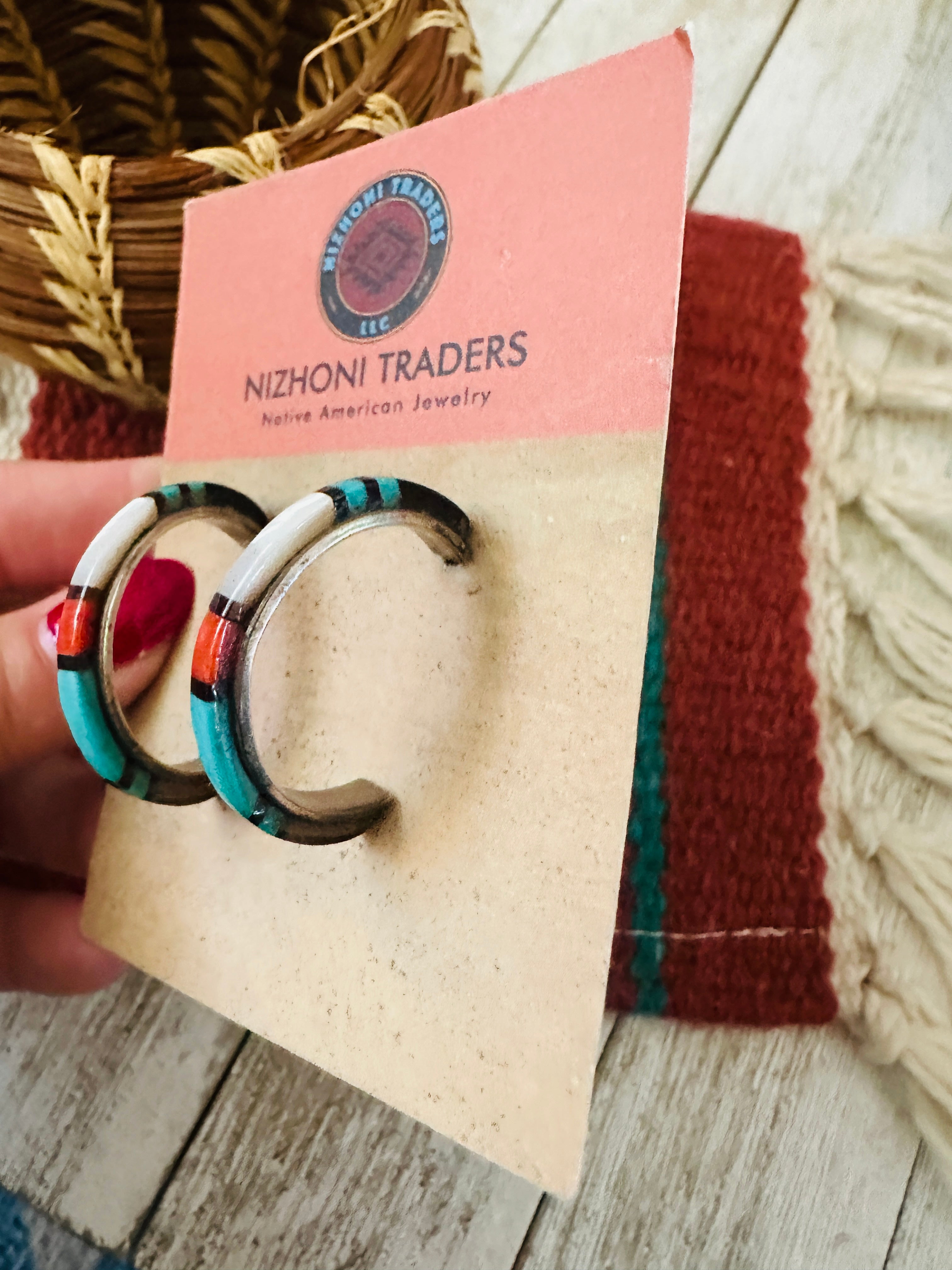 Handcrafted Old Pawn Sterling Silver & Multi Stone Inlay Hoop Earrings