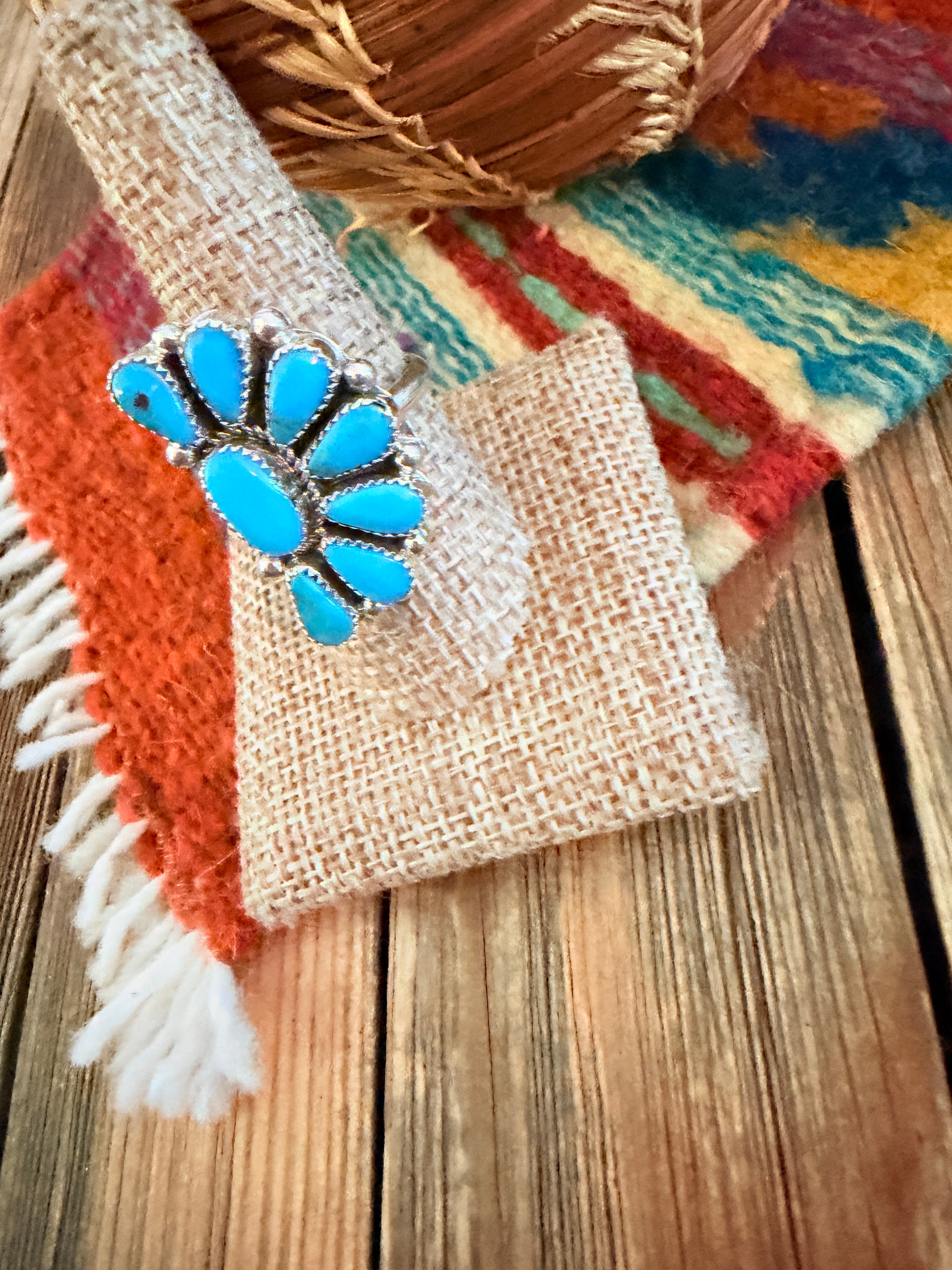 Handcrafted Turquoise & Sterling Silver Adjustable Cluster Ring