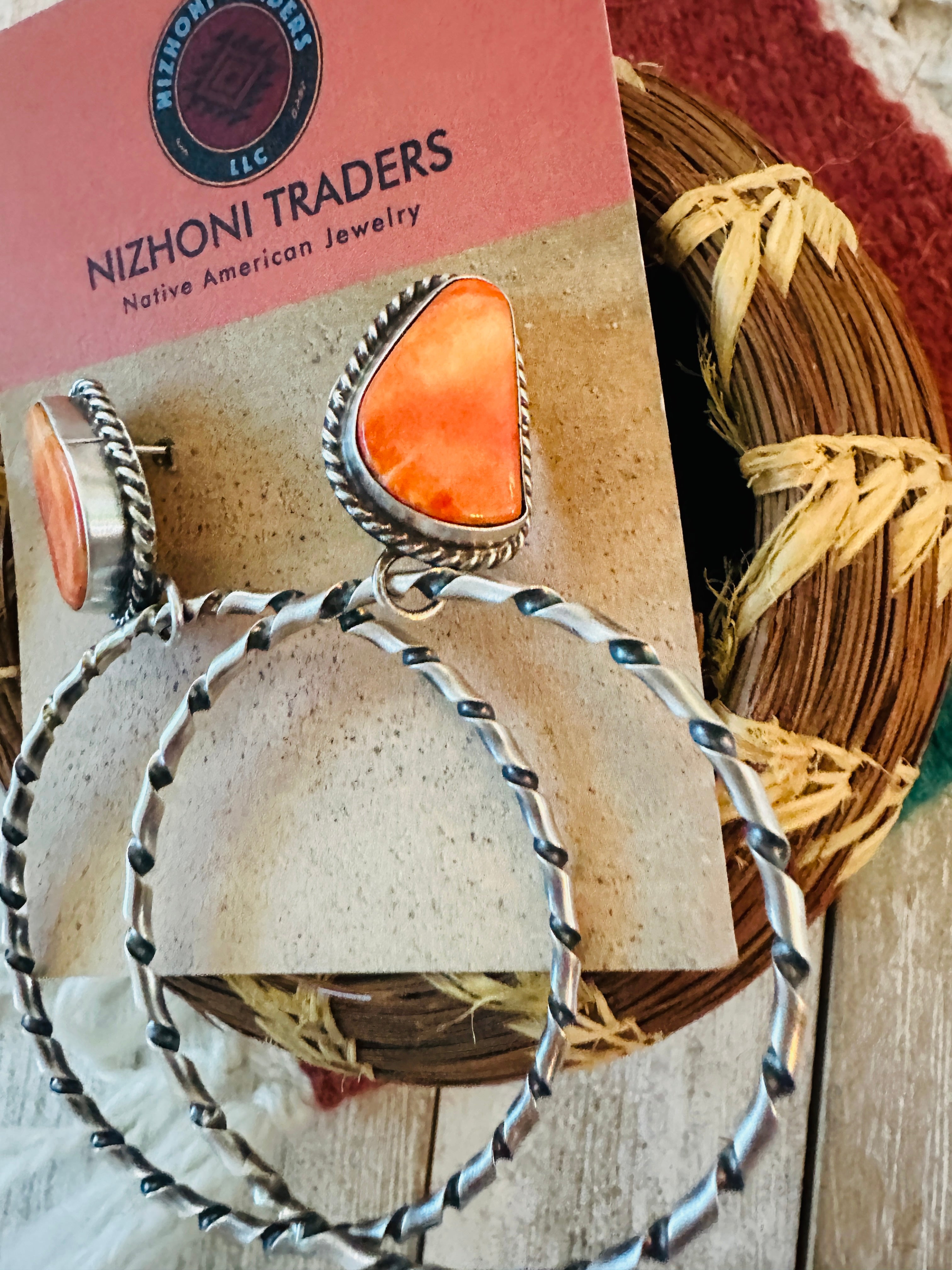 Navajo Orange Spiny and Sterling Silver Dangle Hoop Earrings