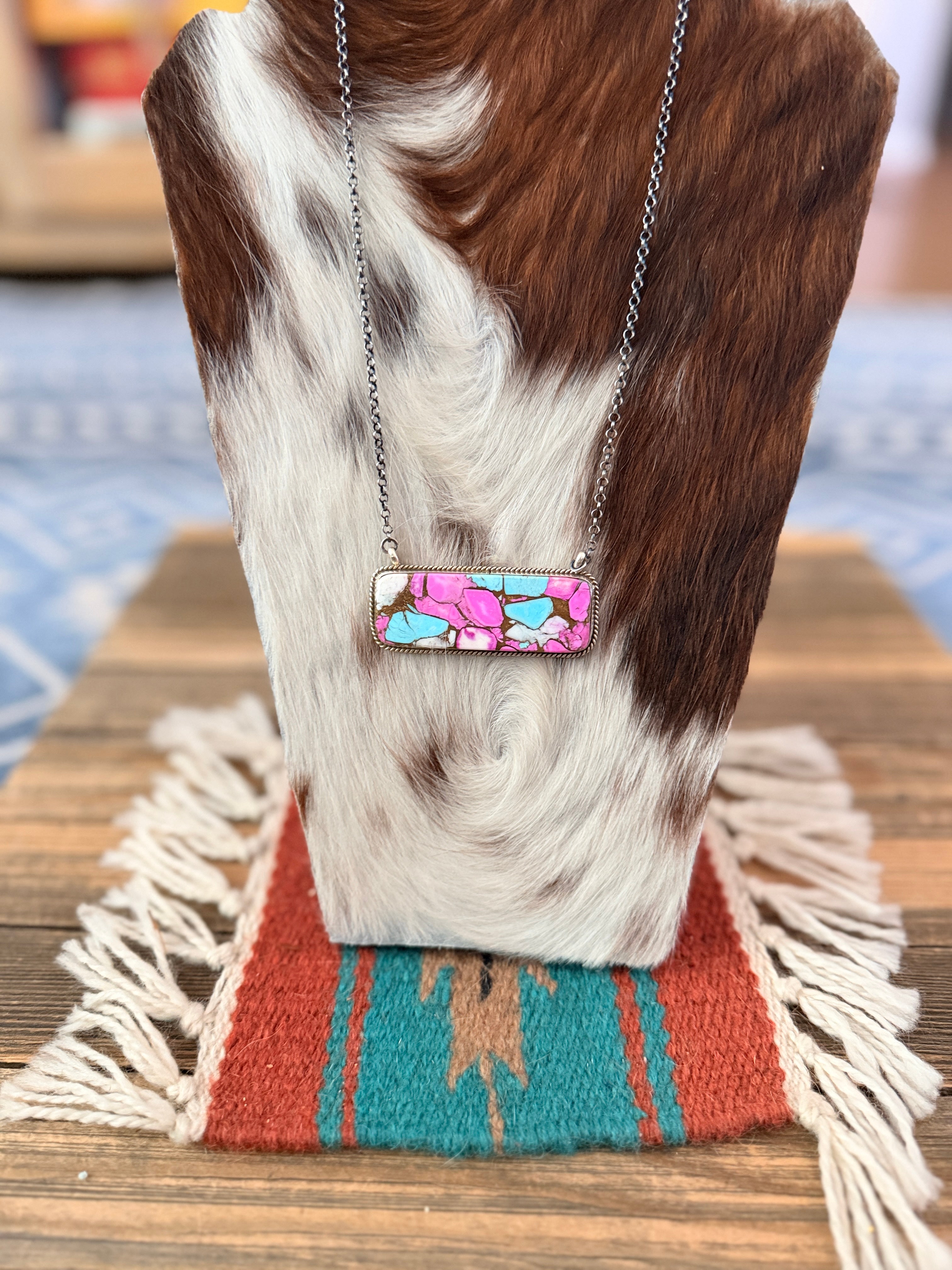 Handcrafted Cotton Candy & Sterling Silver Bar Necklace 18"