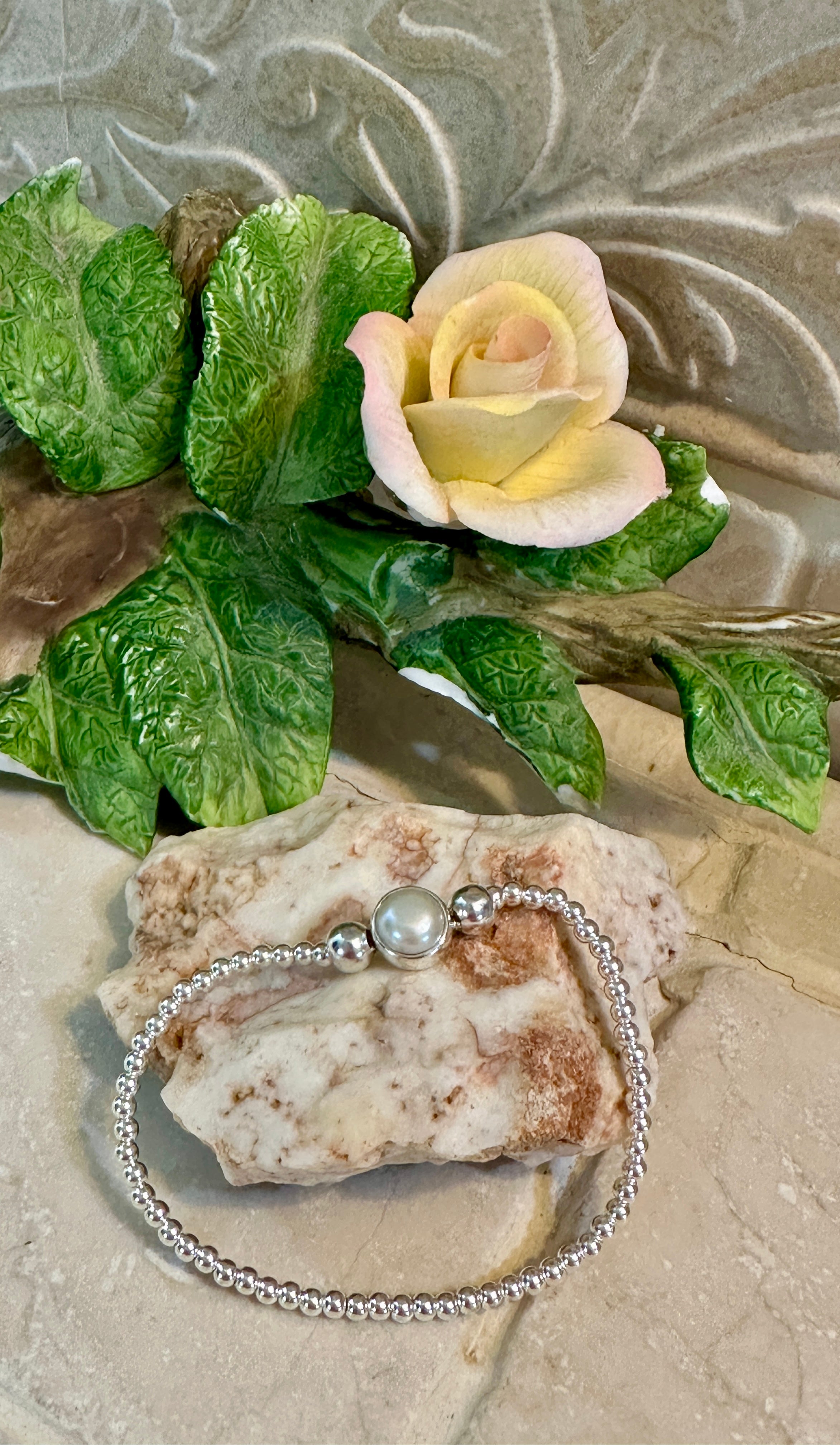 Beaded Stretch Sterling Silver Bracelet w/ Pearl Center