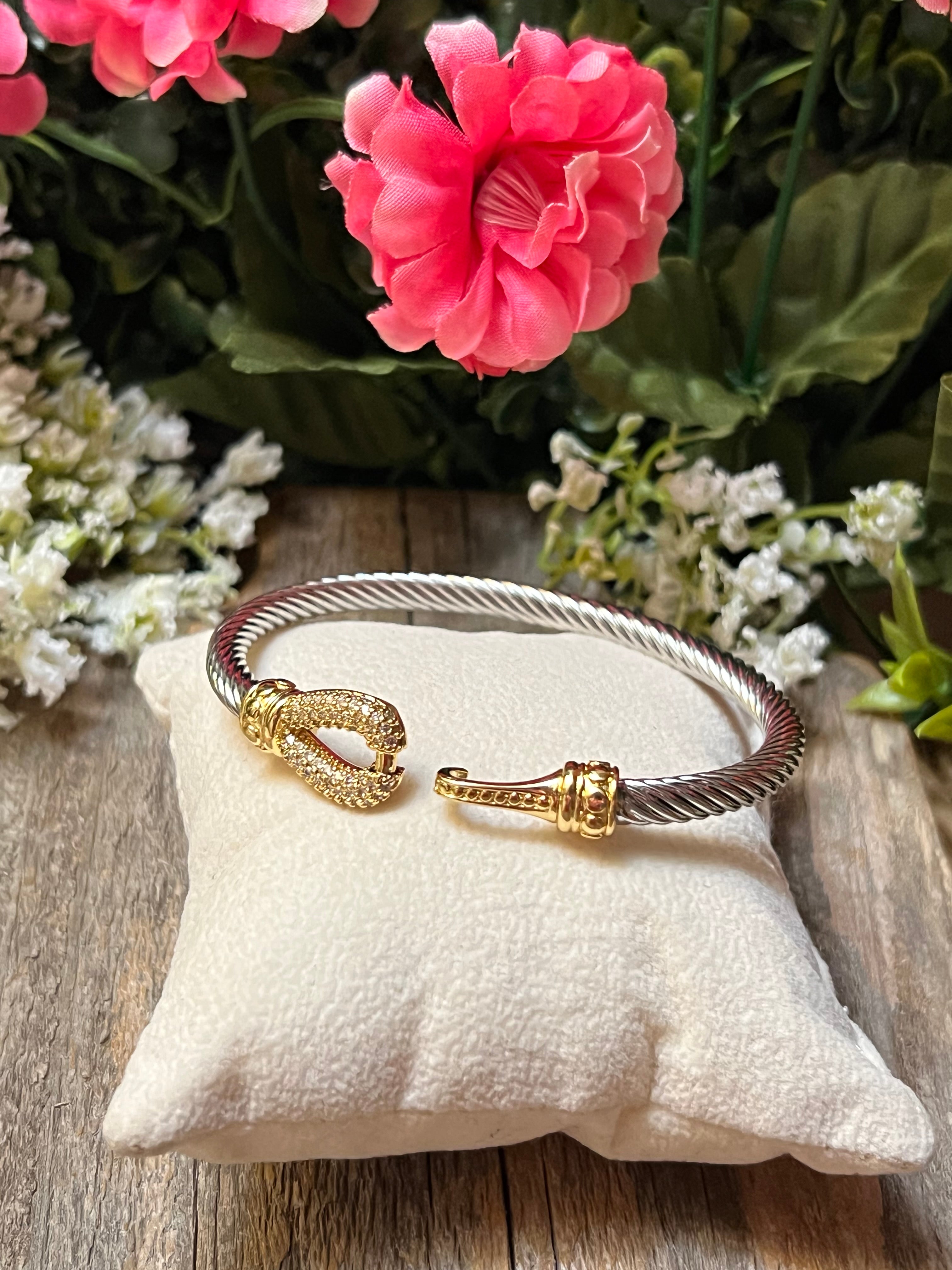 Silver & 14k Gold Plated Two Tone Cable Hook CZ Bangle Bracelet