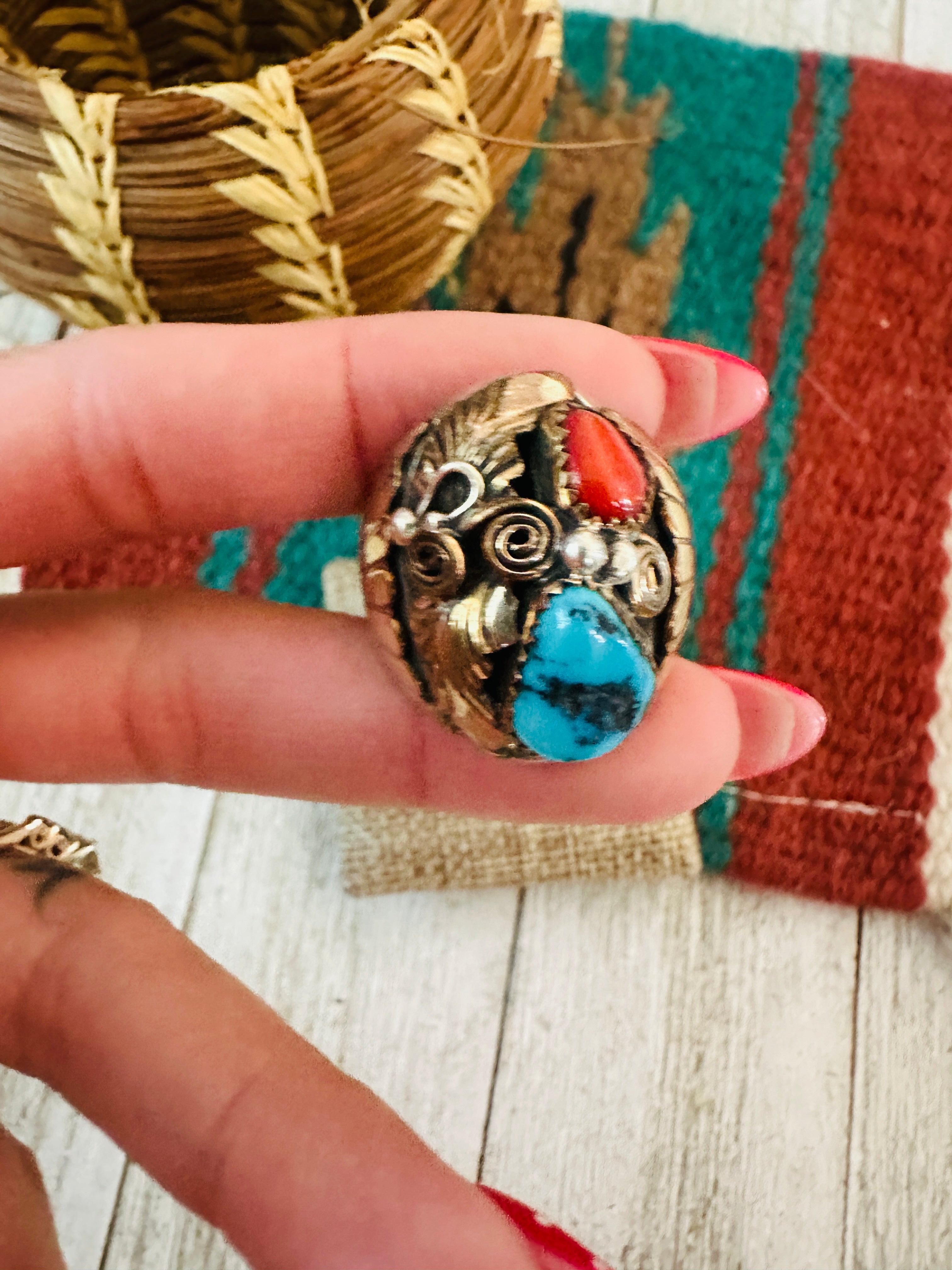 Handcrafted Old Pawn Sterling Silver with Gold Overlay, Turquoise & Coral Ring Size 10.75