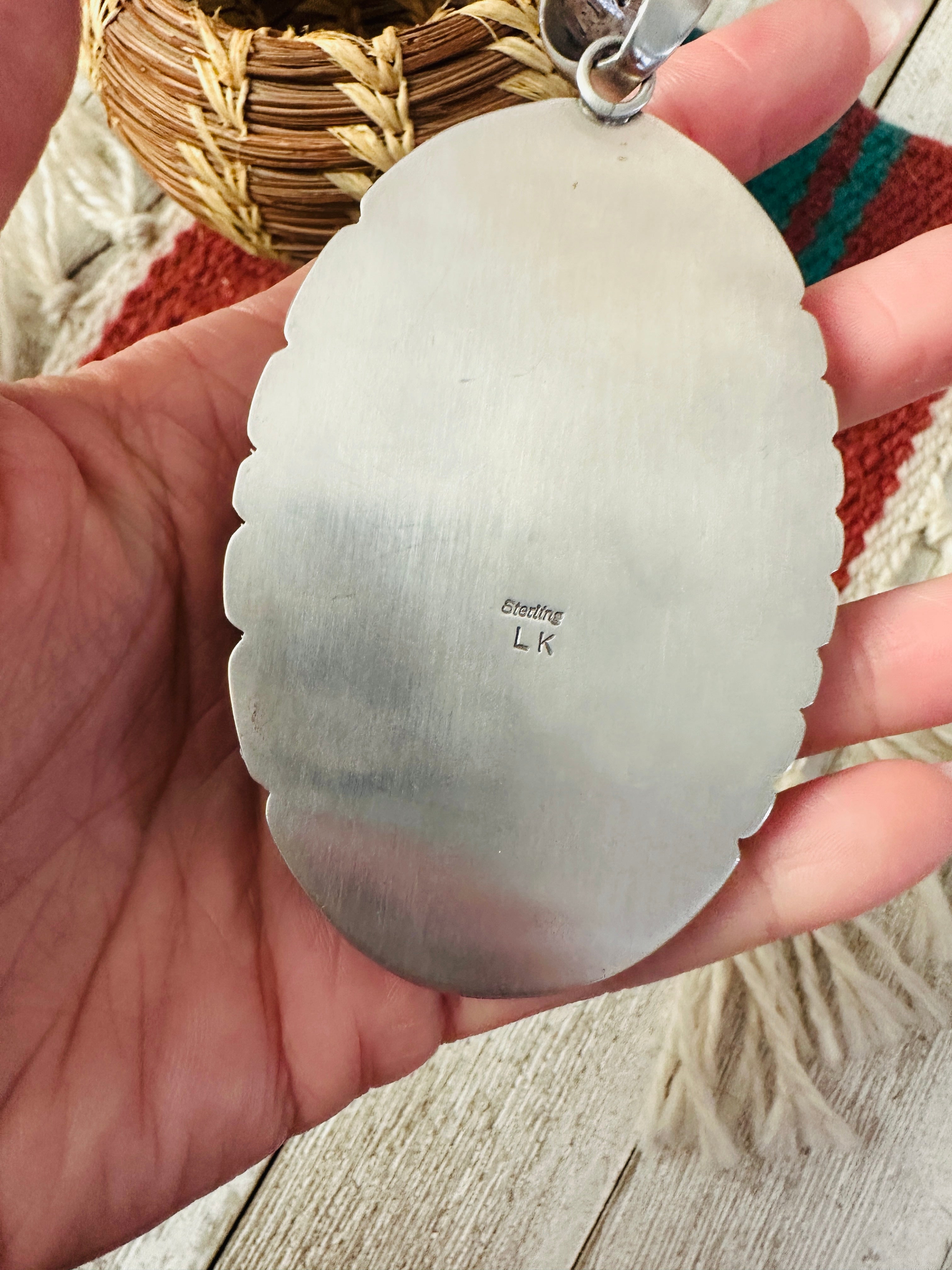 Handcrafted Ribbon Turquoise & Sterling Silver Pendant, Signed LK