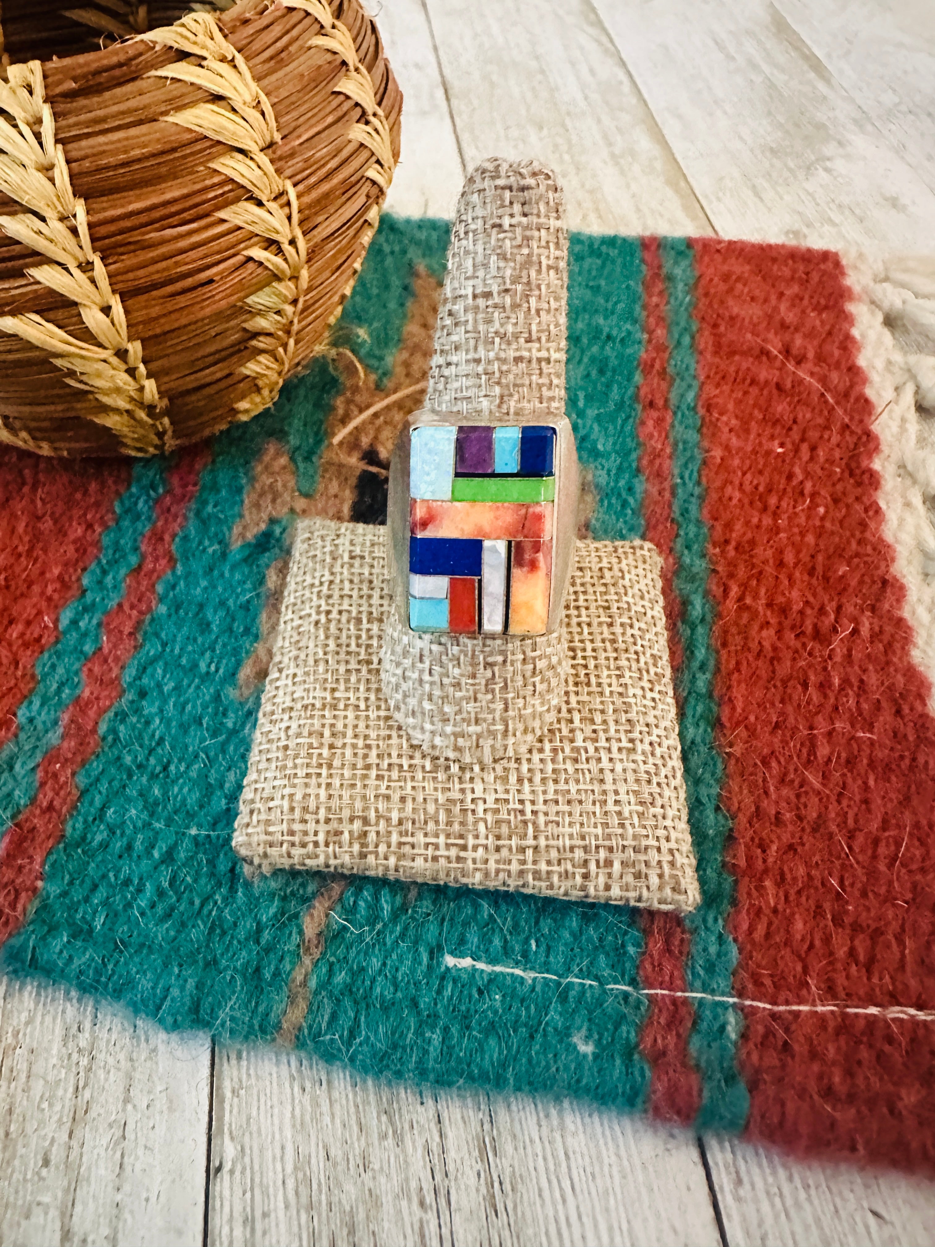 Handcrafted Old Pawn Sterling Silver & Multi Stone Inlay Ring Size 11