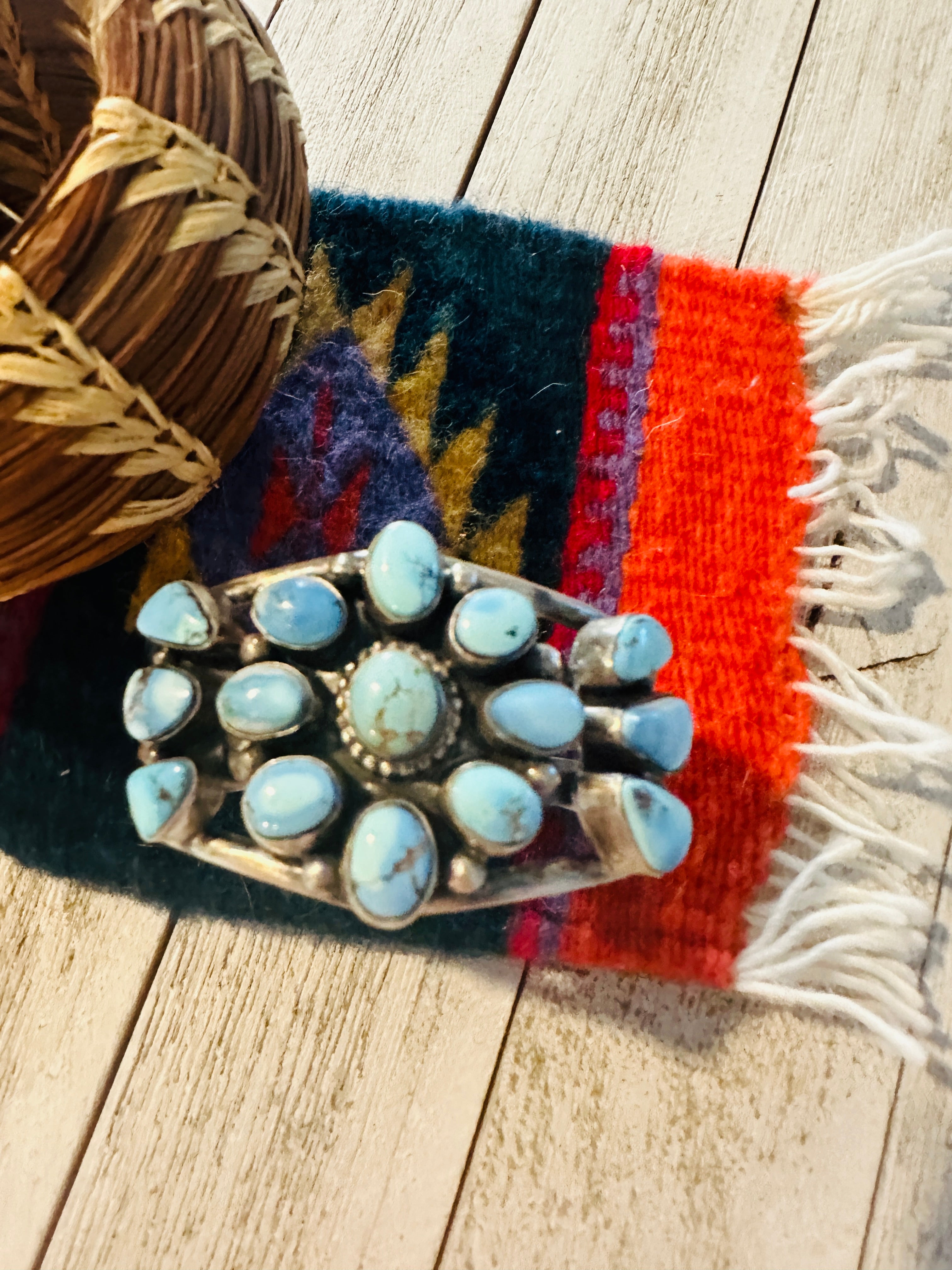 Handcrafted Golden Hills Turquoise & Sterling Silver Cluster Cuff Bracelet /