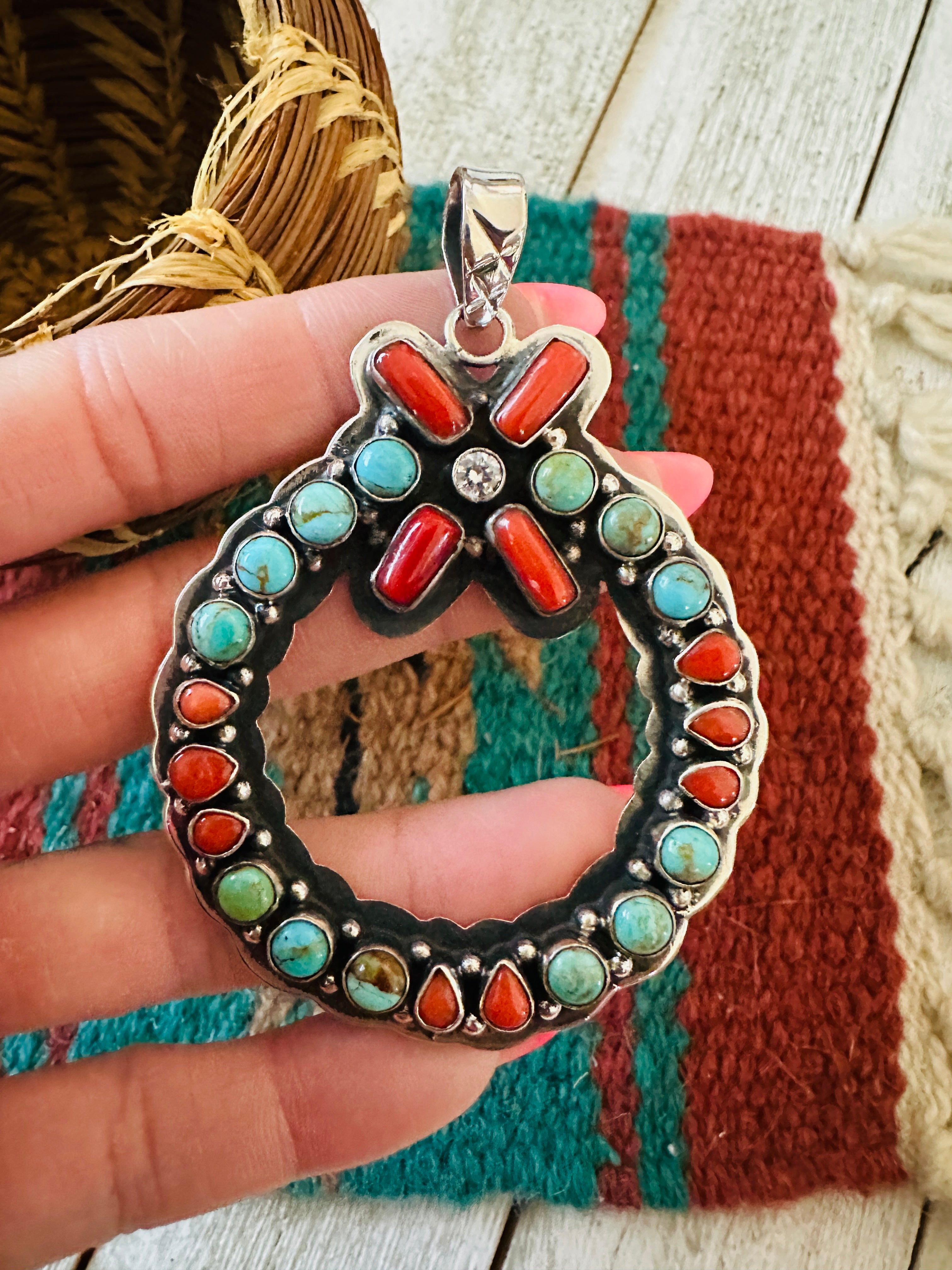 ** Christmas Collection ** Handmade Sterling Silver, Turquoise, Coral & CZ Wreath Pendant Signed Nizhoni