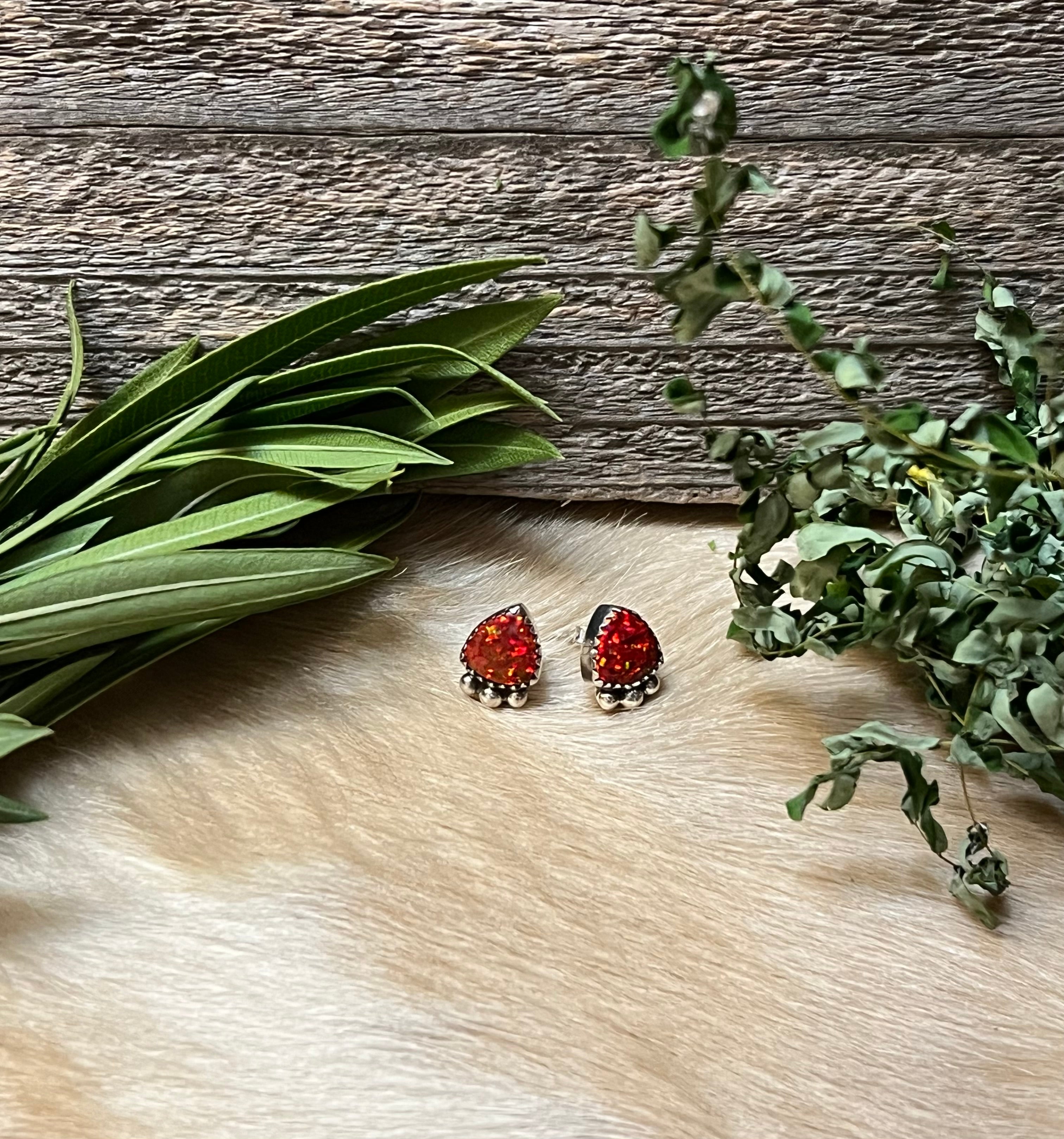 Handmade Fire Red Opal & Sterling Silver Stud Earrings