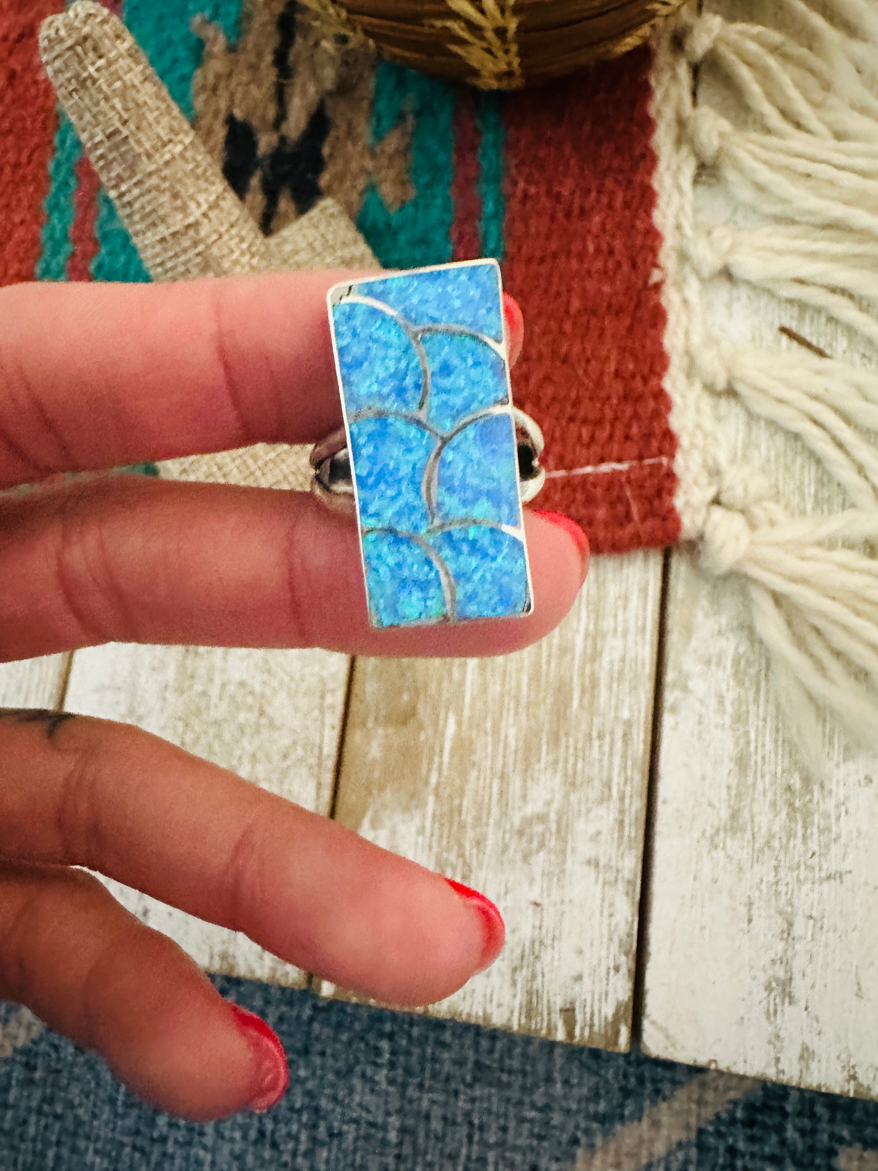 Handcrafted Sterling Silver & Blue Opal Inlay Ring Size 8