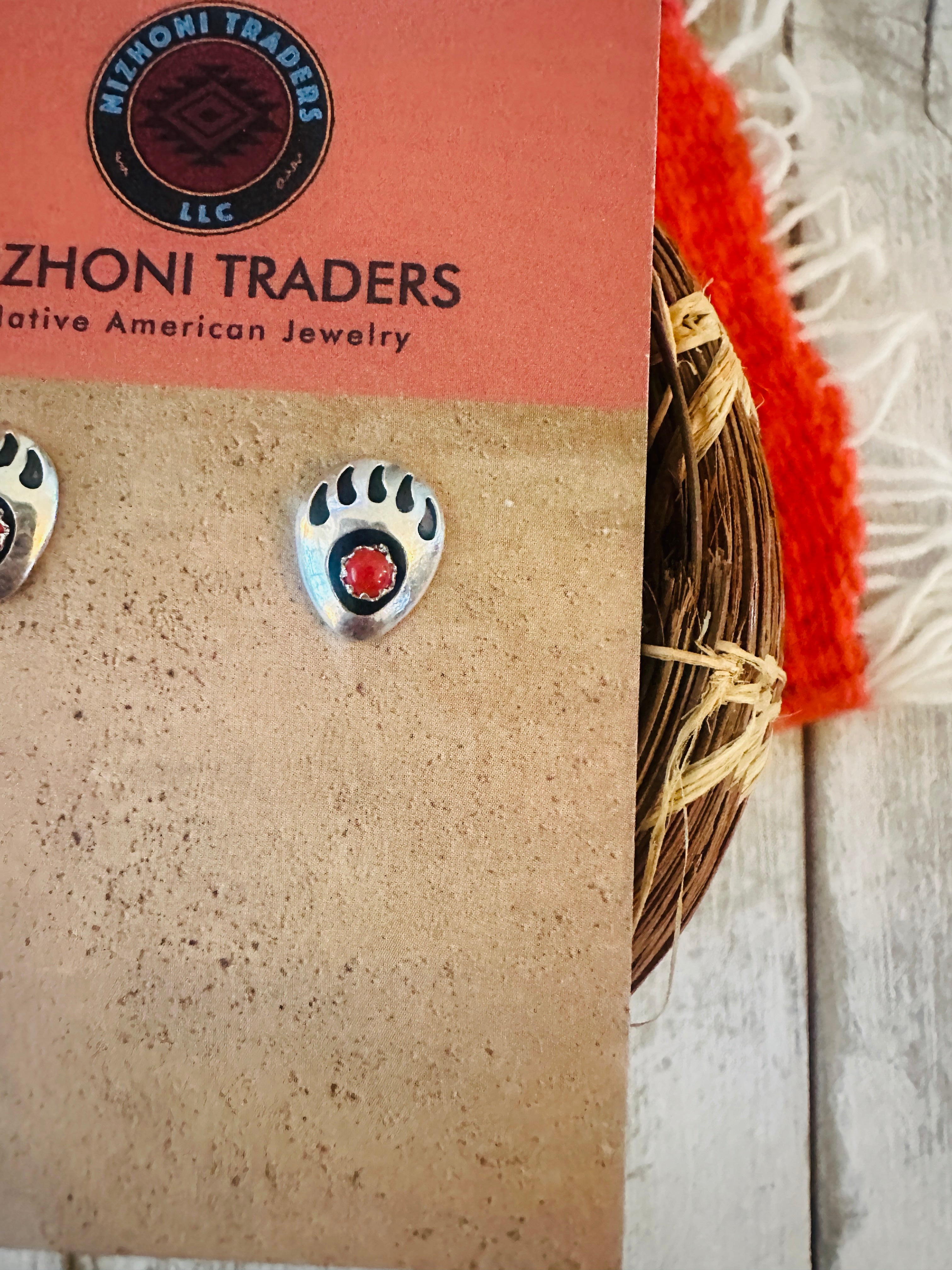 Handcrafted Coral & Sterling Silver Bear Paw Stud Earrings