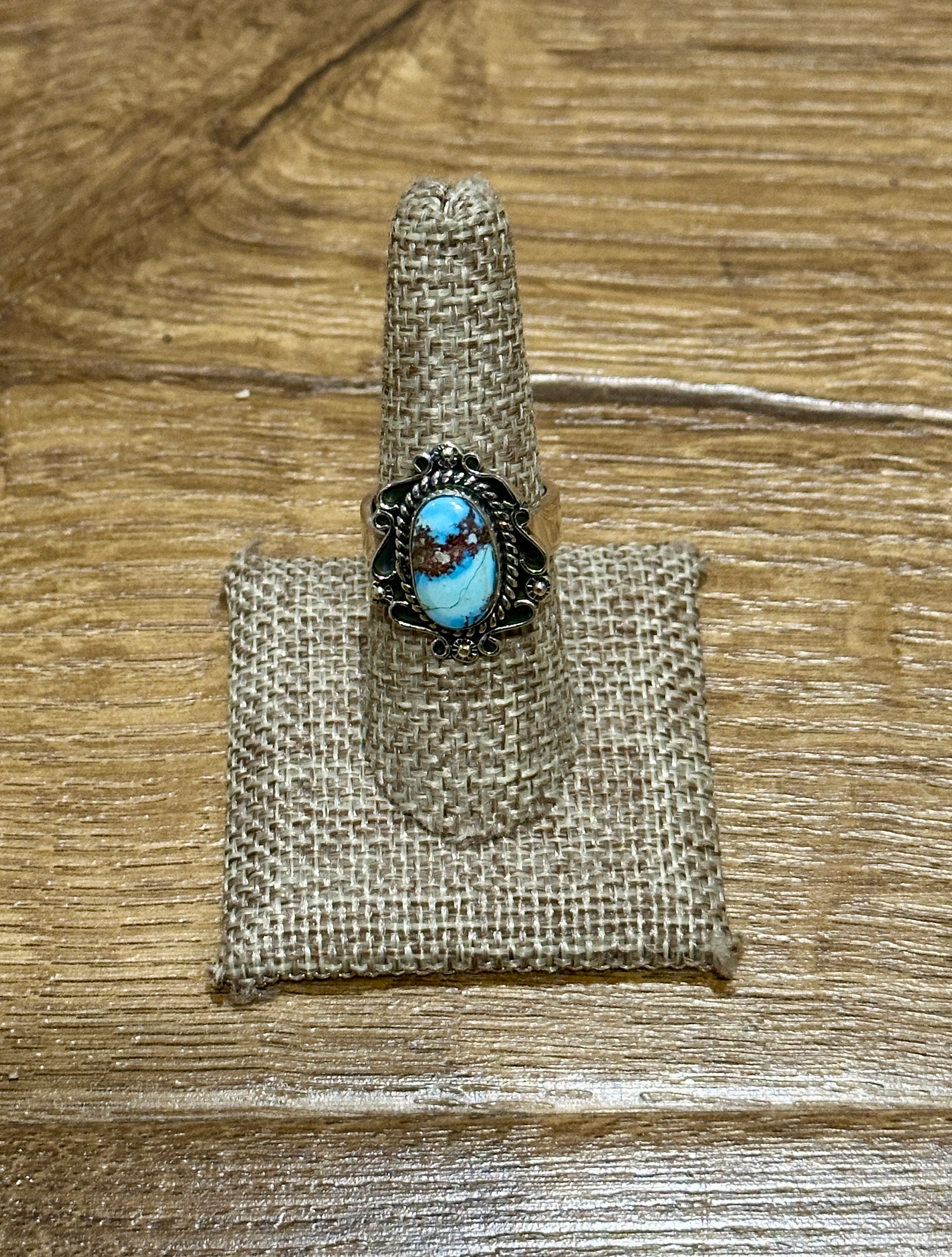 Handmade Golden Hills Turquoise & Sterling Silver Single Stone Adjustable Ring Signed Nizhoni