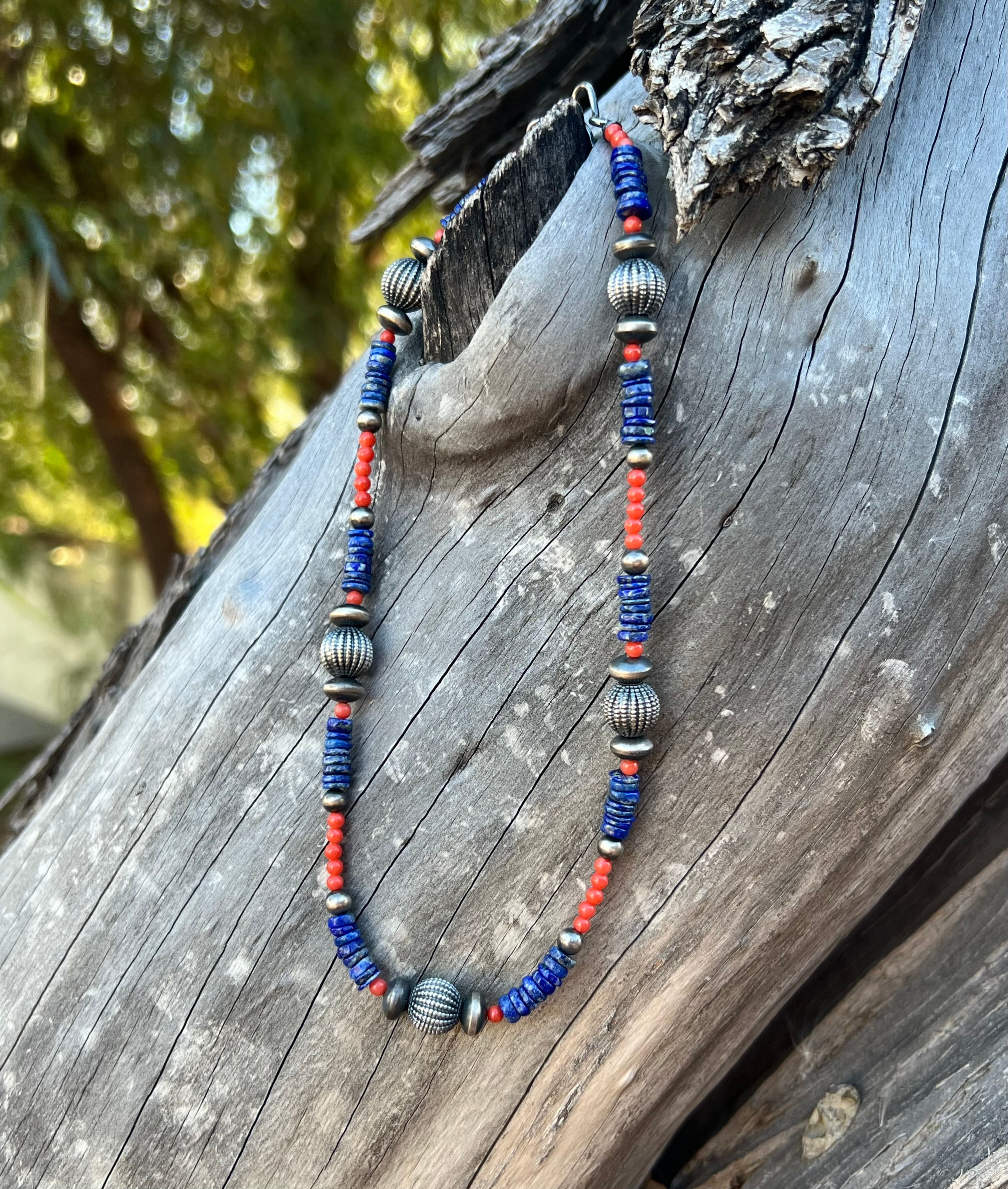 Handmade Coral & Lapis Beaded Sterling Silver Necklace