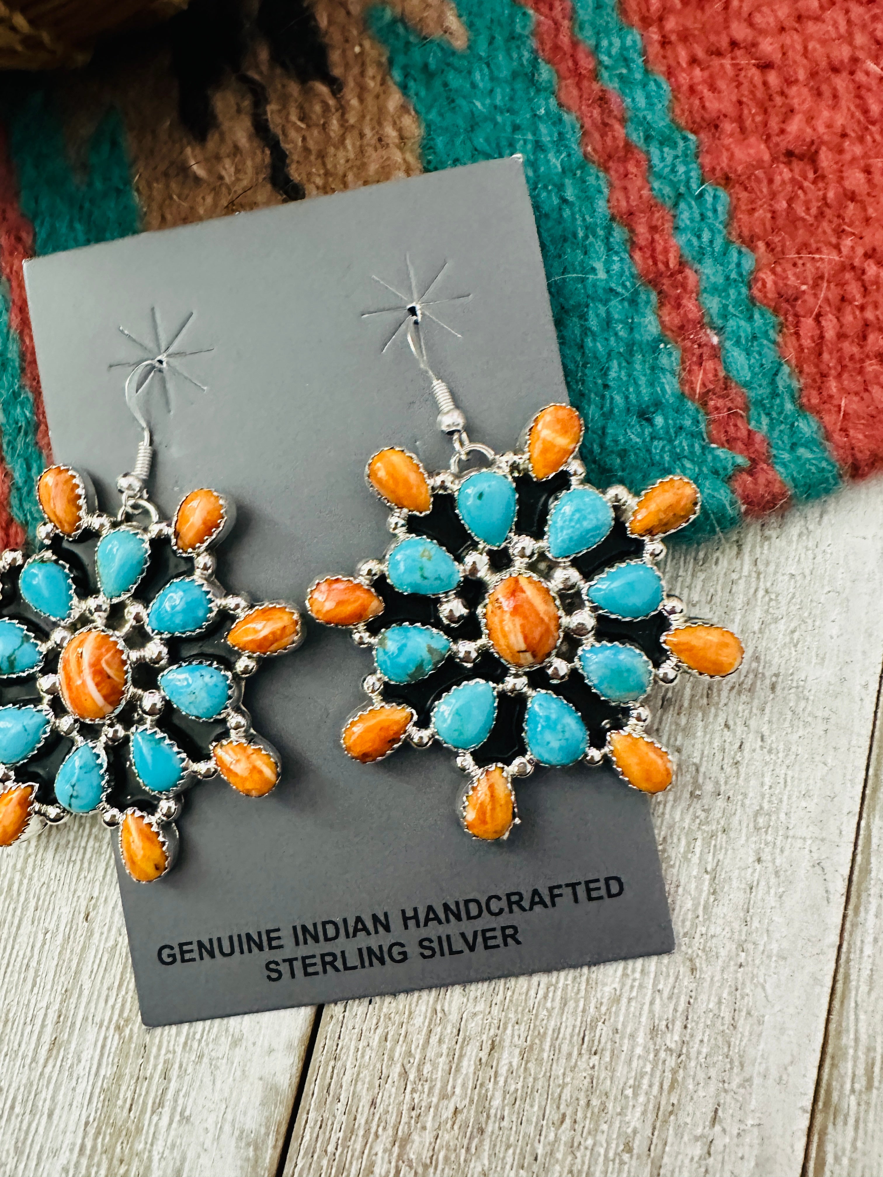 Handcrafted Turquoise, Spiny & Sterling Silver Cluster Dangle Earrings