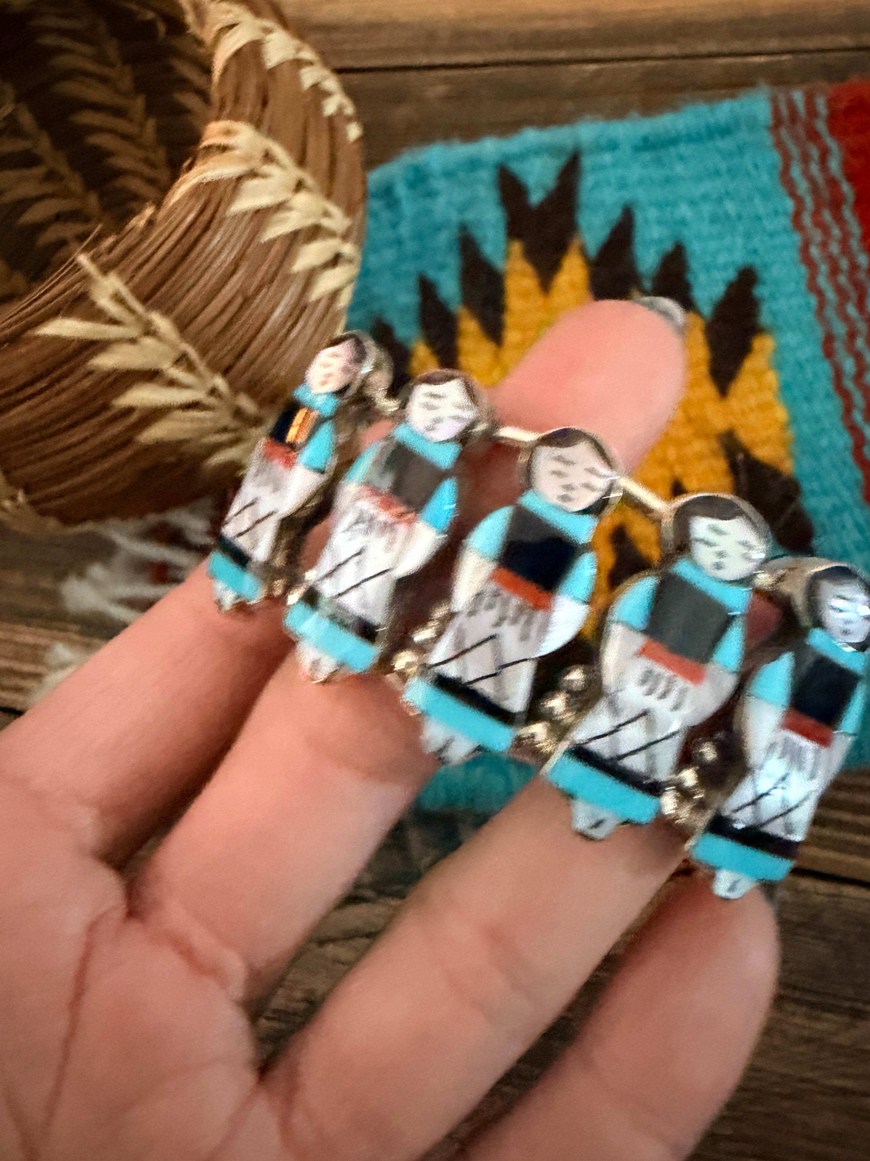Handcrafted Sterling Silver & Multi Stone Inlay Maiden Girl Cuff Bracelet