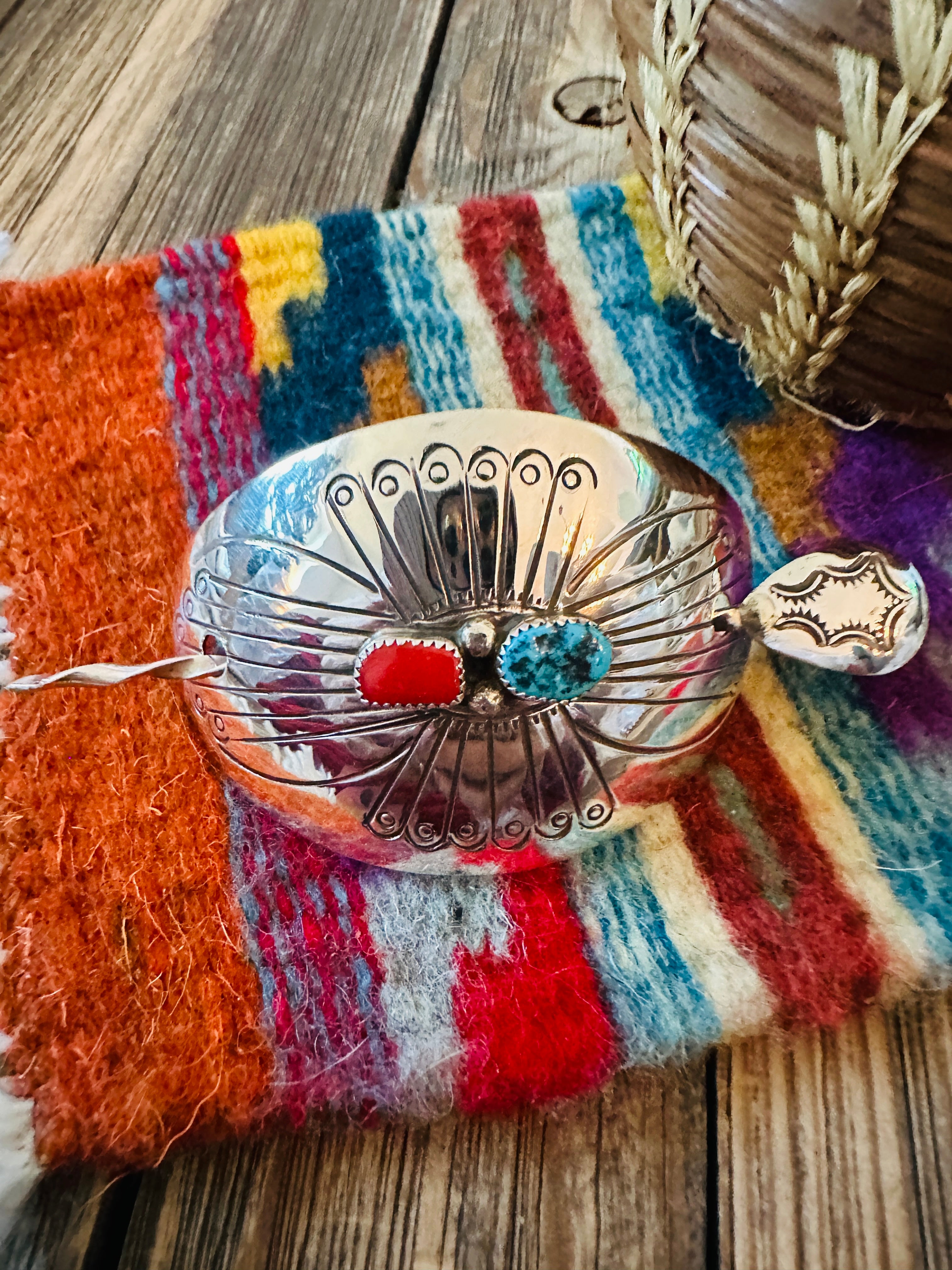 Handcrafted Turquoise, Coral & Sterling Silver Concho Hair Pin