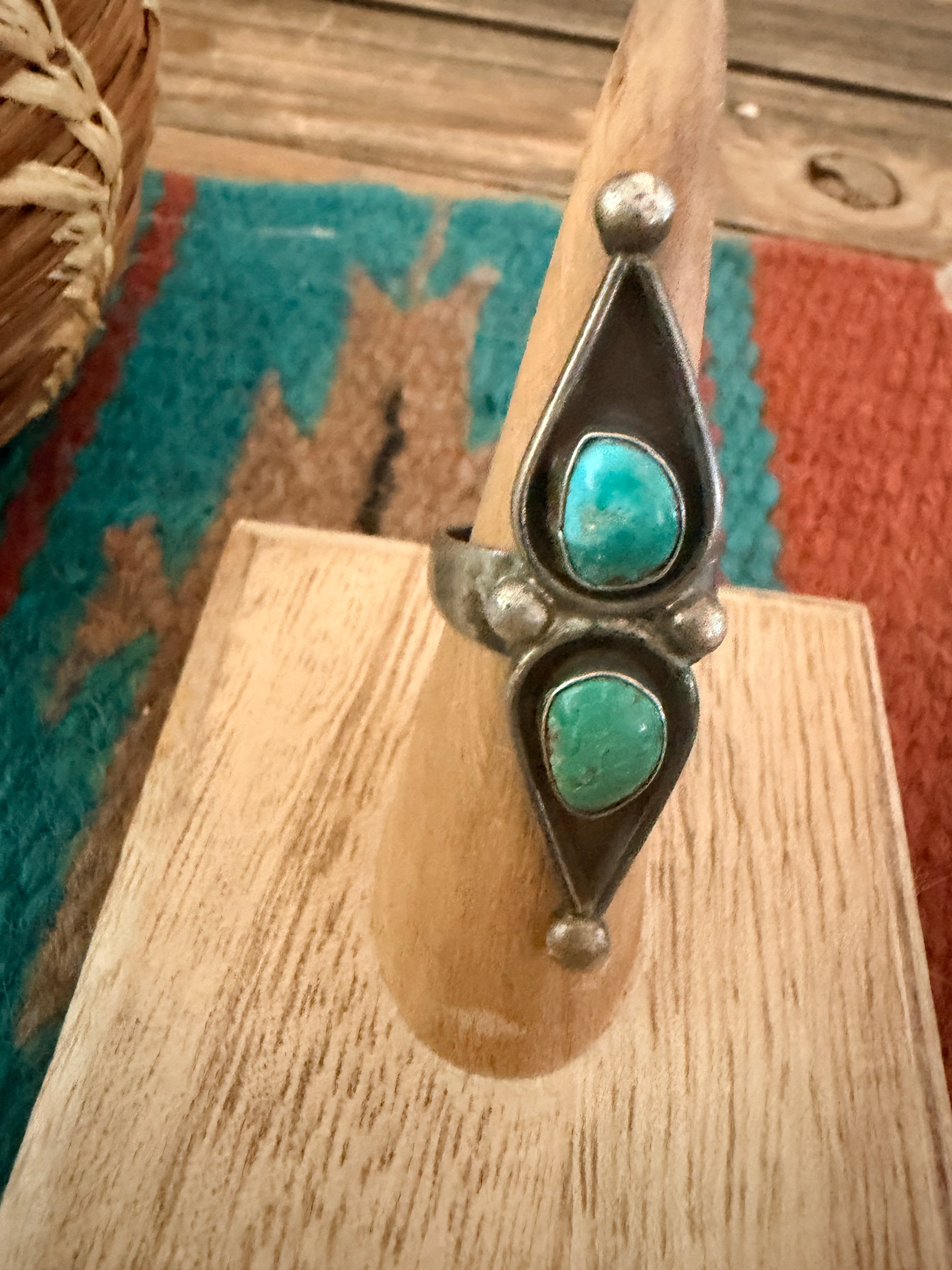 Old Pawn Handcrafted Turquoise & Sterling Silver Shadowbox Ring Size 6
