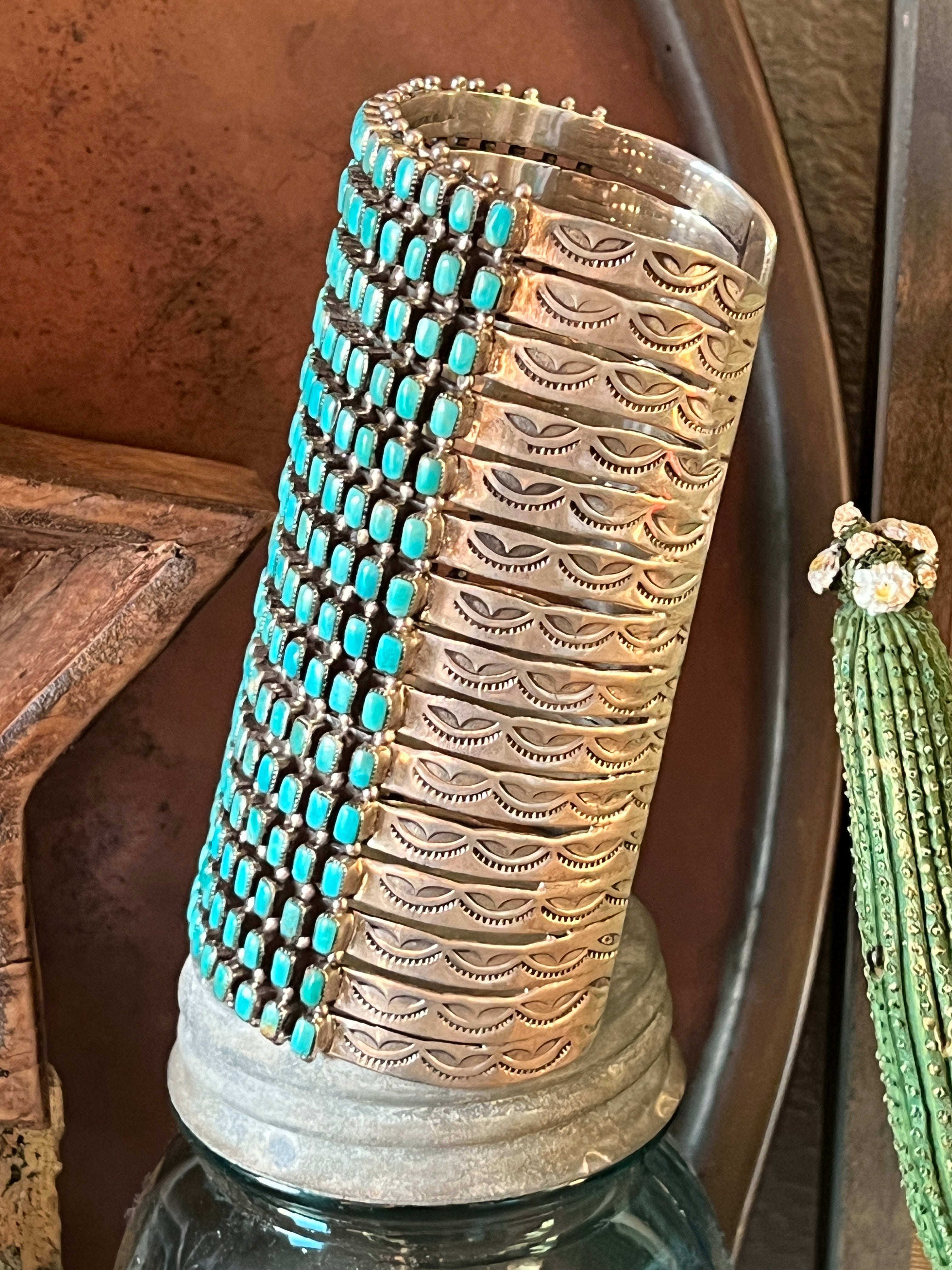 Handcrafted Epic Made 15 Row Sterling Silver and Turquoise Gauntlet Style Cuff Bracelet /
