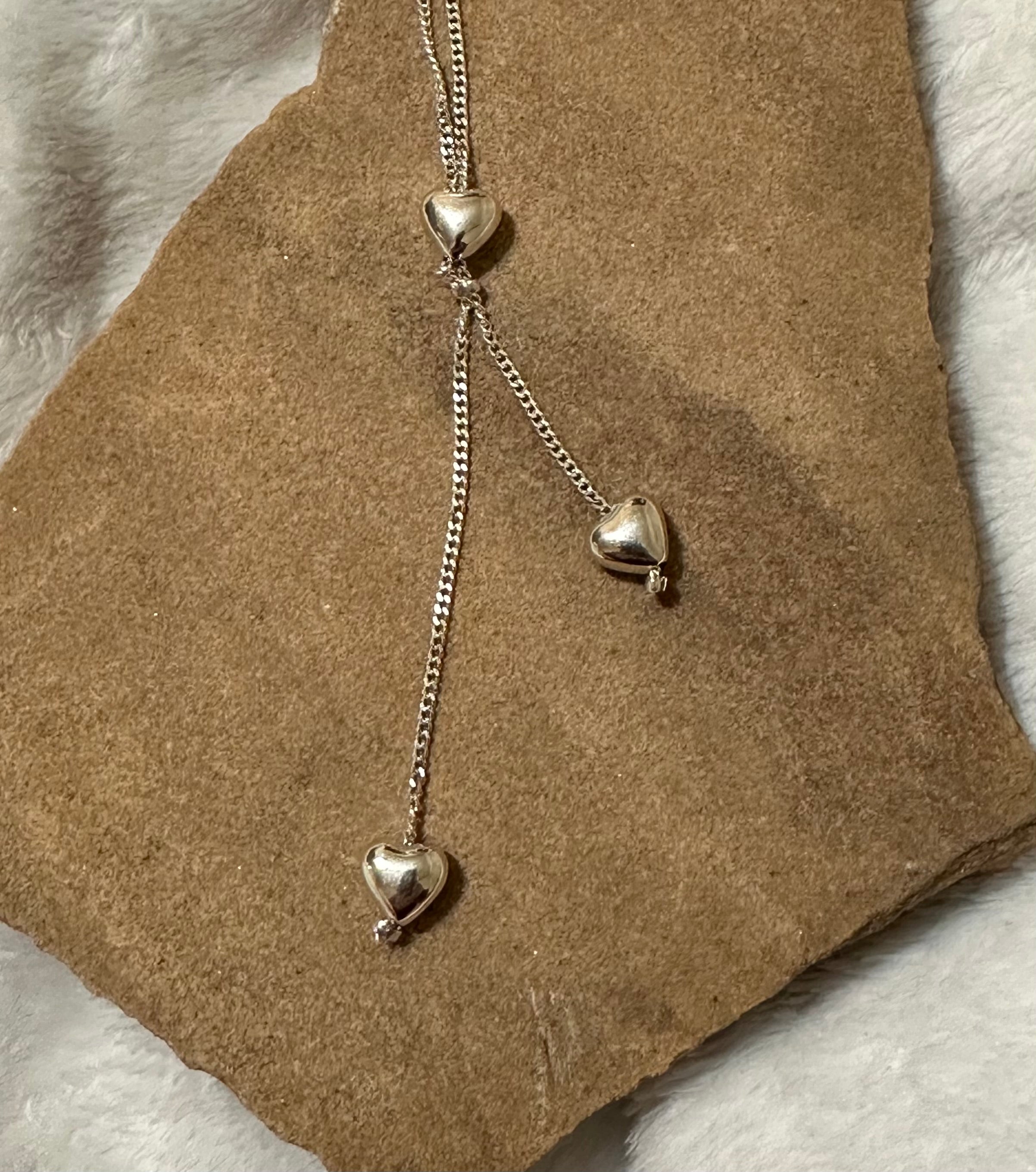 Puffed Hearts Lariat Sterling Silver Necklace