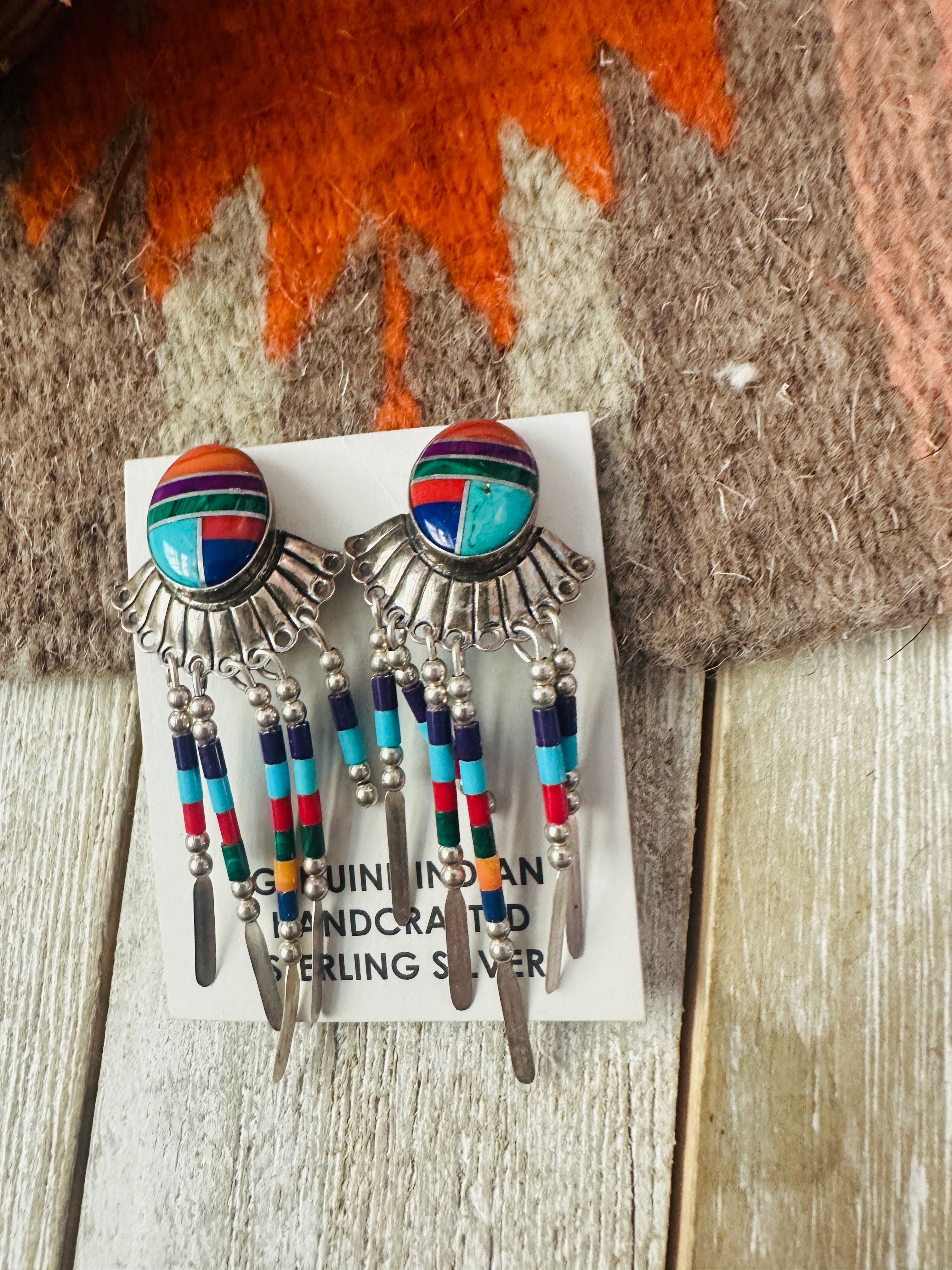 Handcrafted Sterling Silver & Multi Stone Inlay Dream Catcher Clip On Dangle Earrings