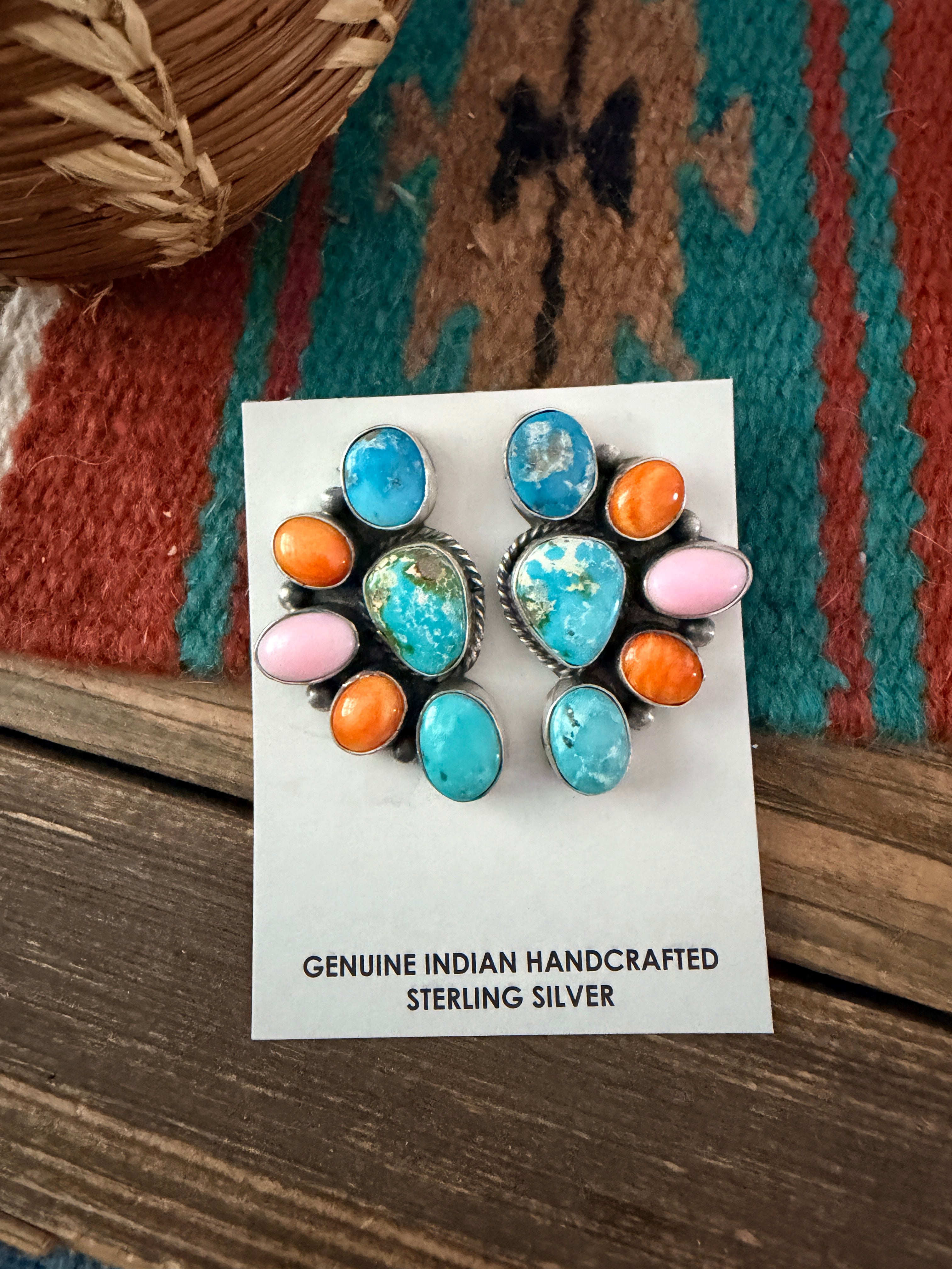 Handcrafted Turquoise, Spiny Oyster, Queen Pink Conch & Sterling Silver Post Earrings by Hiram Largo