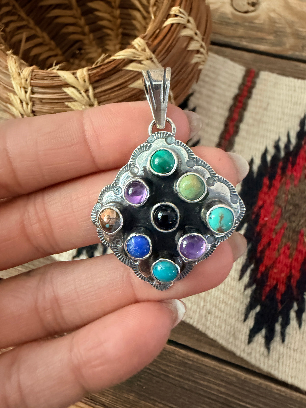 Handcrafted Sterling Silver and Multi Stone Cluster Bear Pendant by Tina Benally