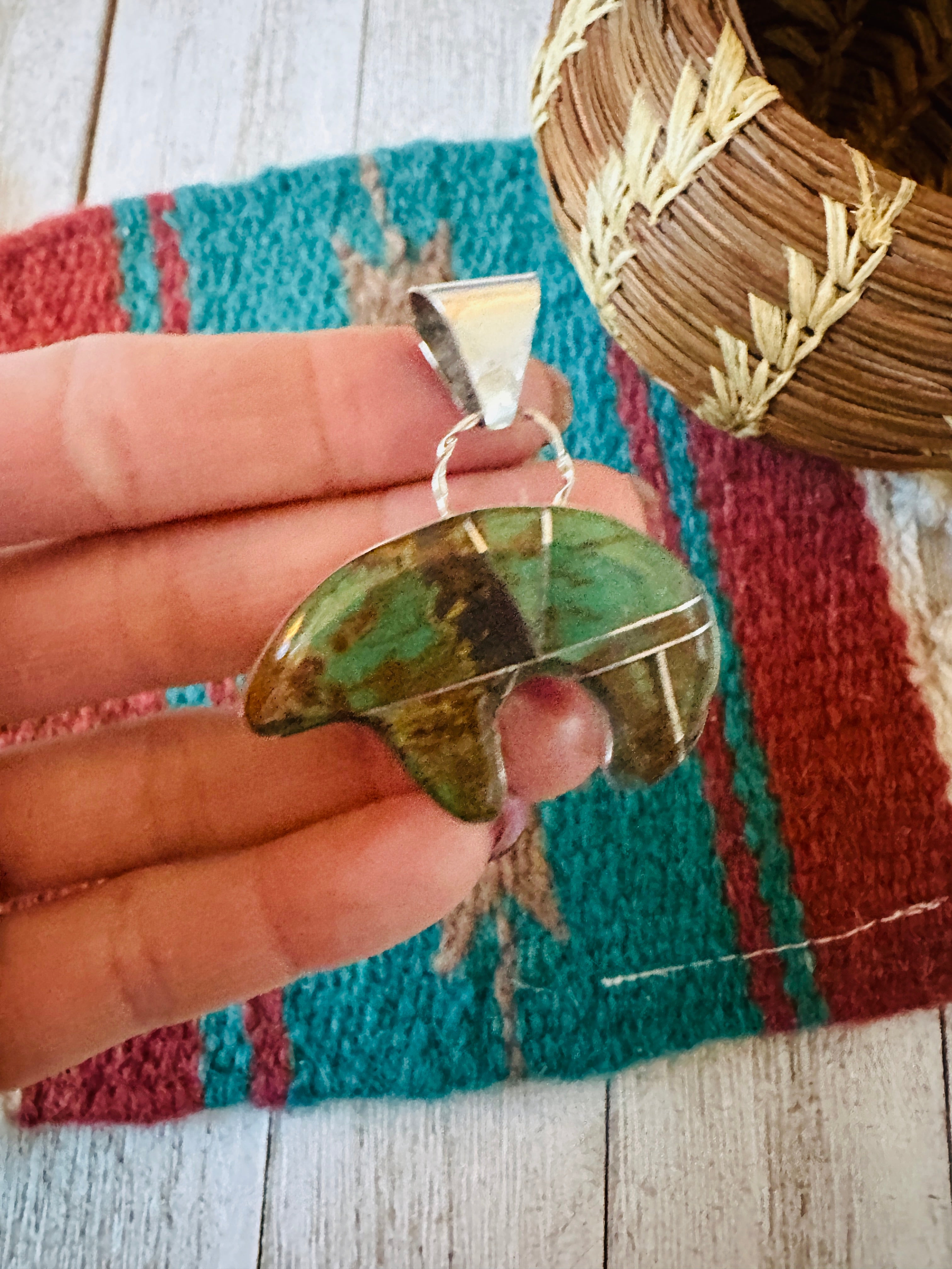 Handcrafted Turquoise & Sterling Silver Inlay Fetish Bear Pendant