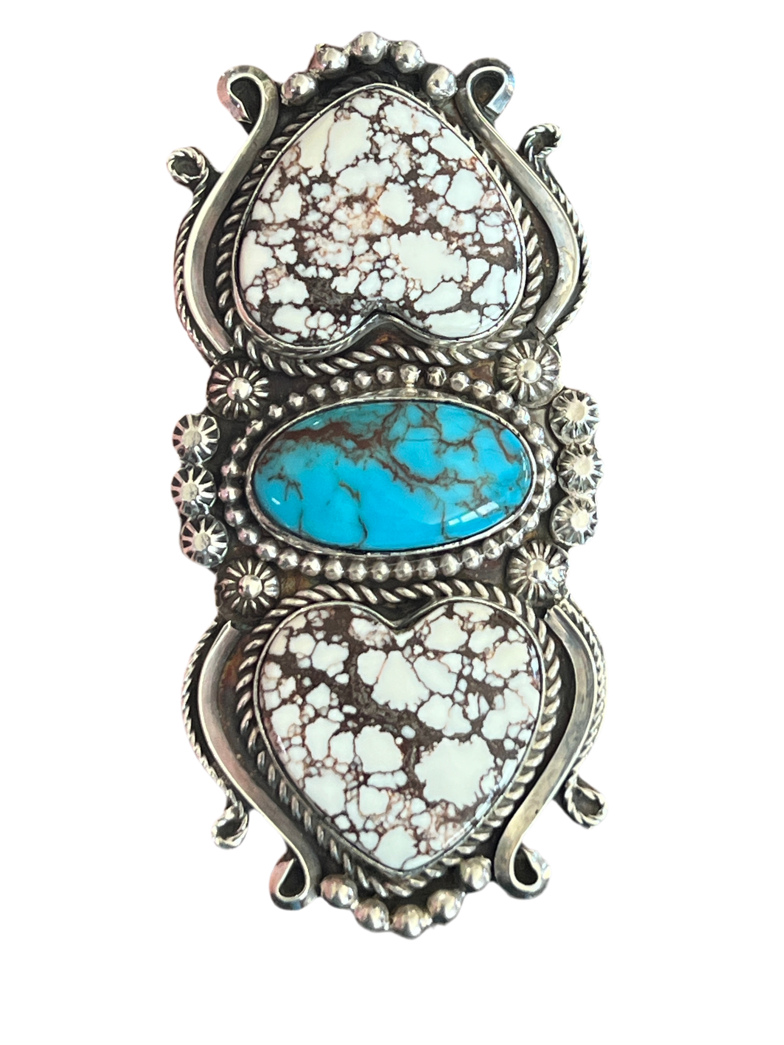 Apache Sterling Silver, Wild Horse Heart and Egyptian Turquoise Statement Ring by Rosella Paxson, Size 6.5