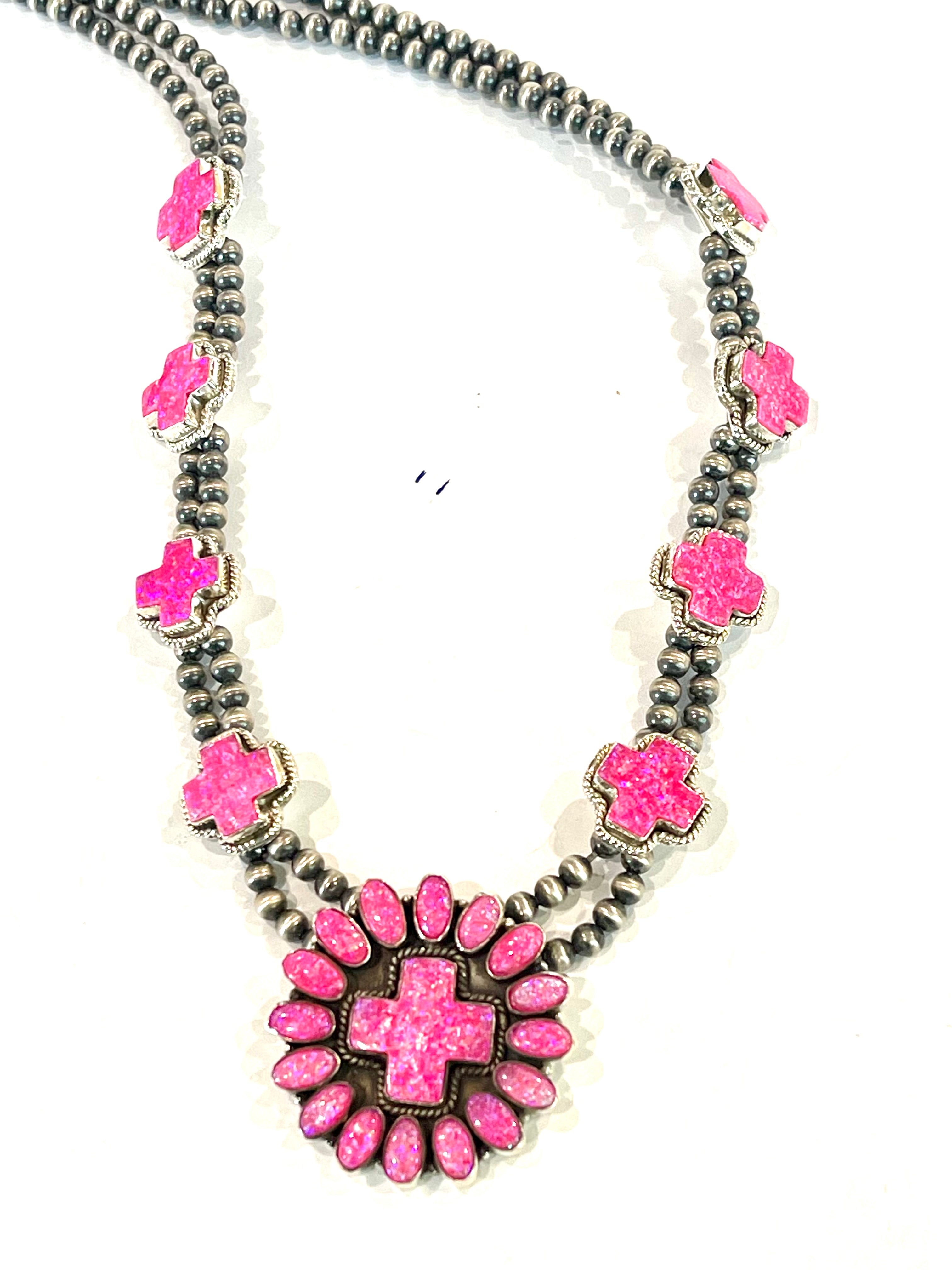 Handmade Hot Pink Fire Opal and Sterling Silver Necklace