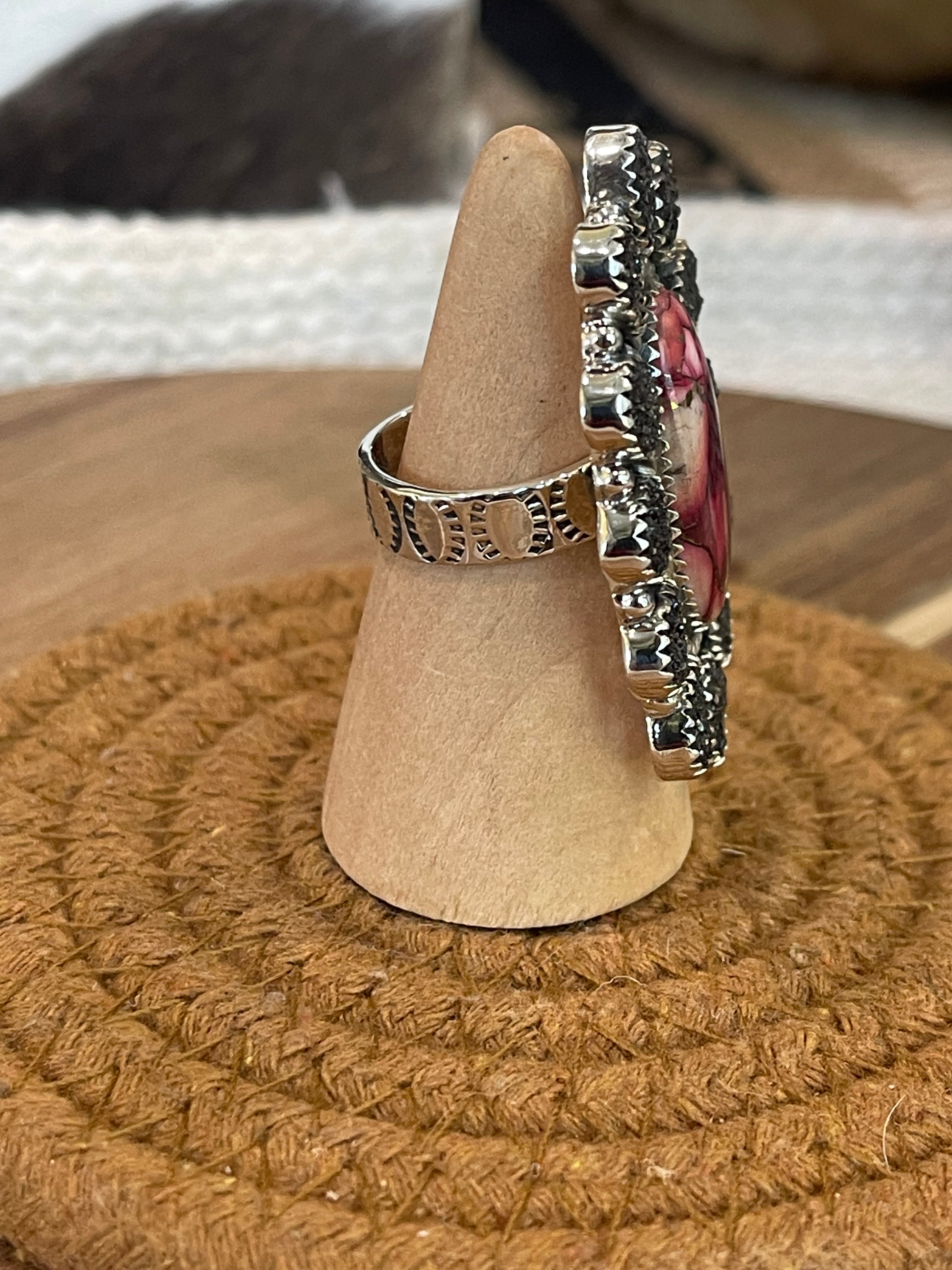 Handcrafted Sterling Silver , Dahlia Rose & Druzy Adjustable Cluster Ring