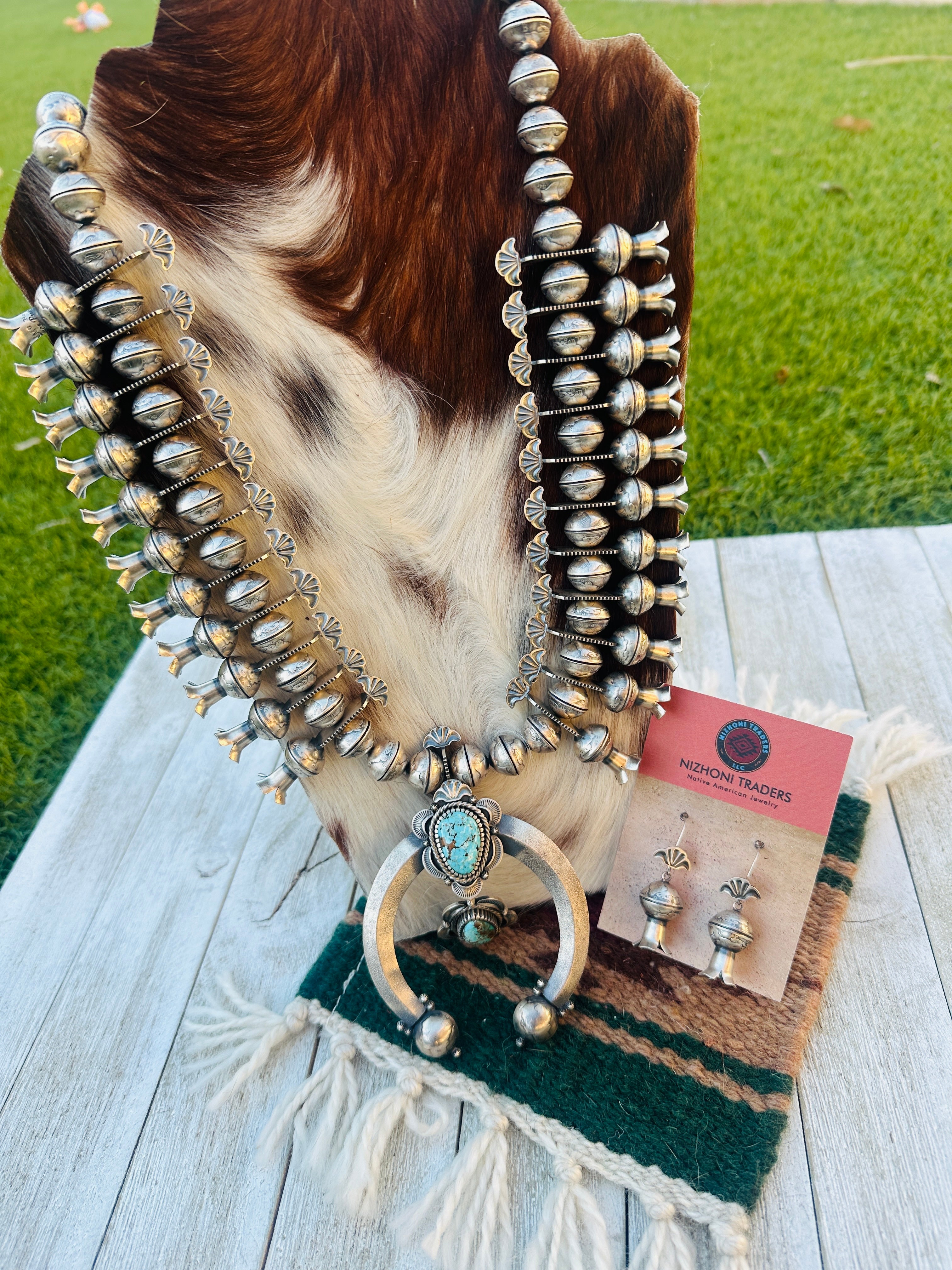 Handcrafted Turquoise & Sterling Silver Mercury Dime Beaded Squash Blossom Necklace and Earring Set by James McCabe