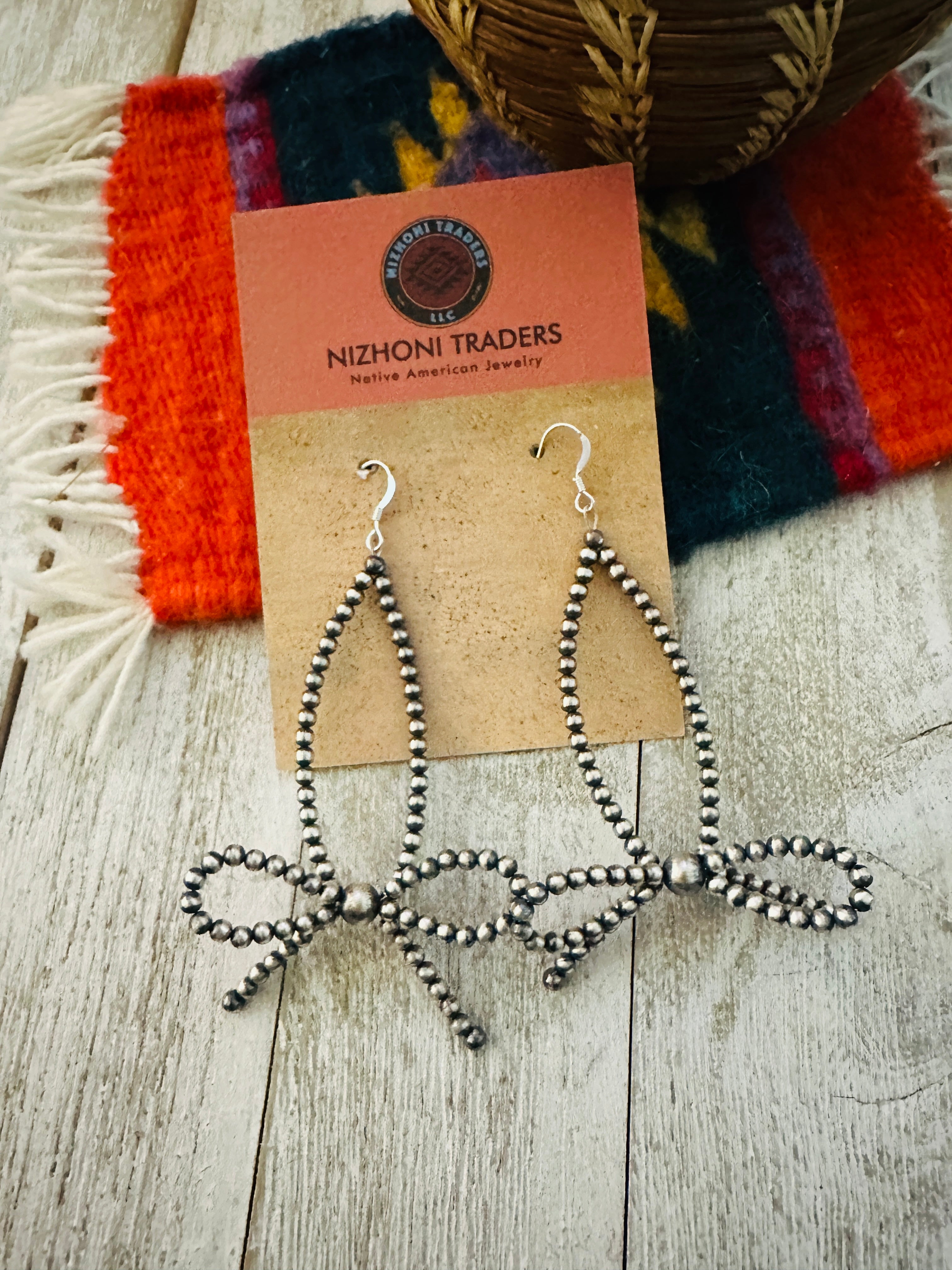 Handcrafted Sterling Silver Pearl Beaded Bow Dangle Hoop Earrings