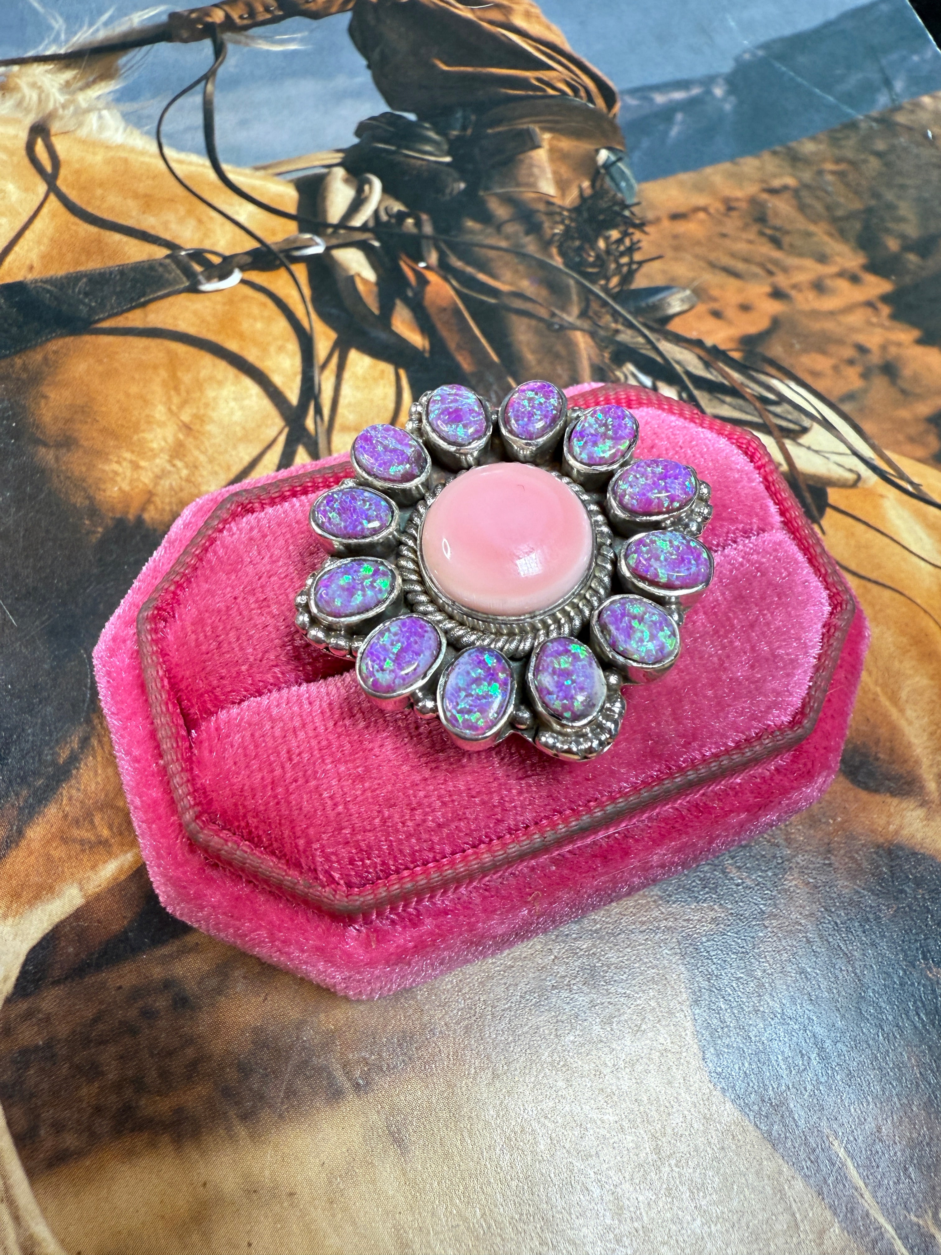 Handmade Pink Conch, Purple Fire Opal & Sterling Silver Adjustable Ring CIRCLE