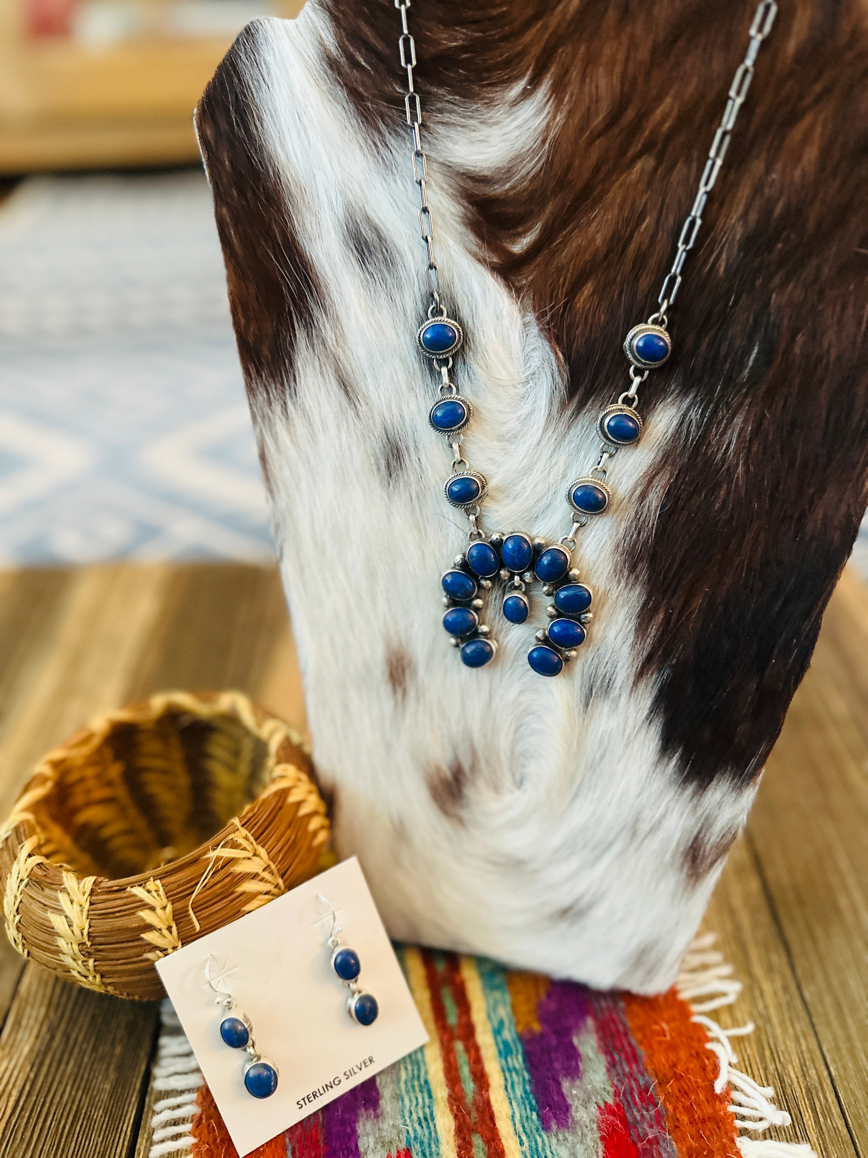 Handcrafted Lapis & Sterling Silver Squash Blossom Necklace and Earring Set