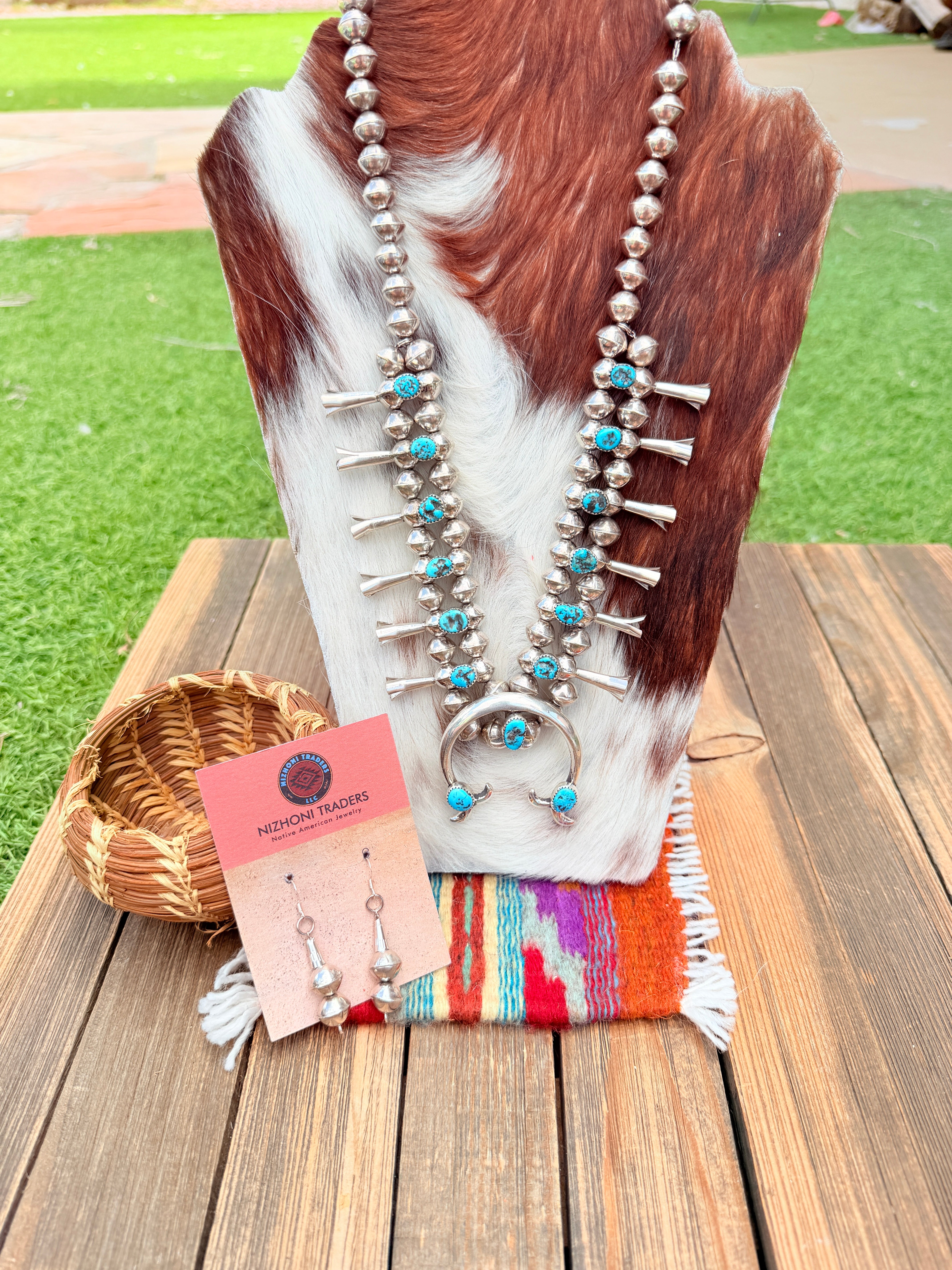 Handcrafted Sterling Silver & Kingman Turquoise Squash Blossom Necklace Set