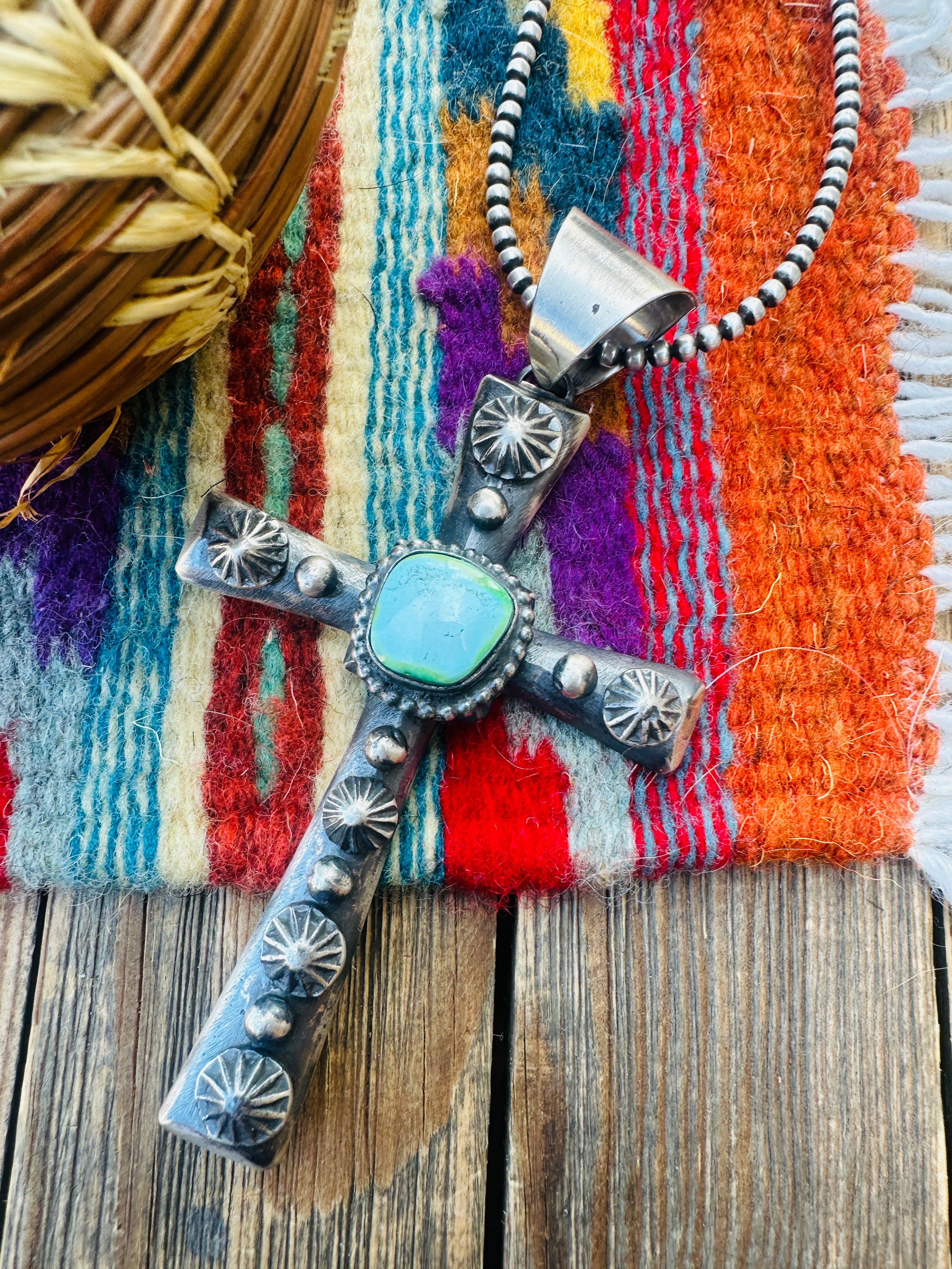 Handcrafted Sonoran Mountain Turquoise & Sterling Silver Cross Pendant by Chimney Butte