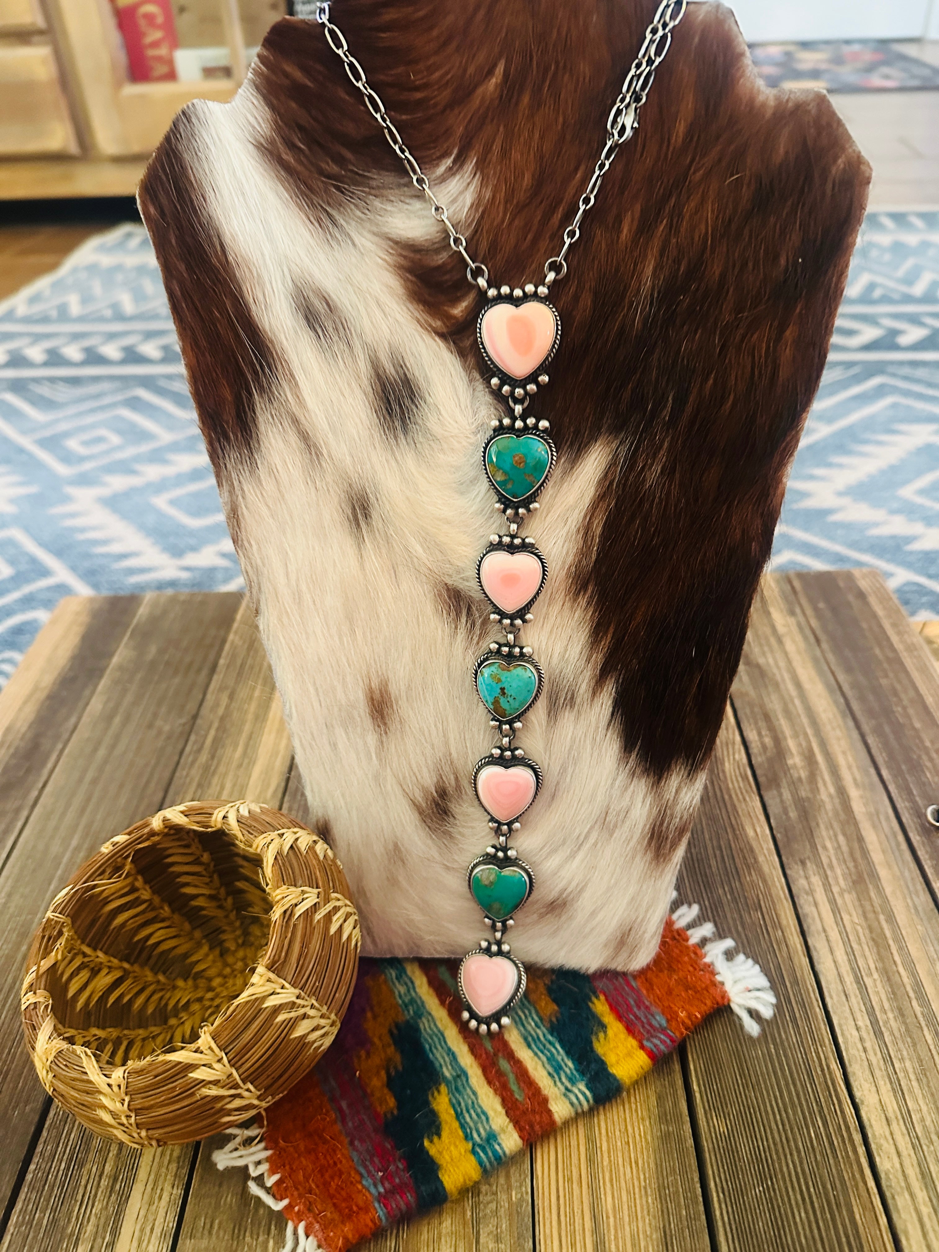Handcrafted Queen Pink Conch, Turquoise & Sterling Silver Heart Necklace by Patrick Yazzie