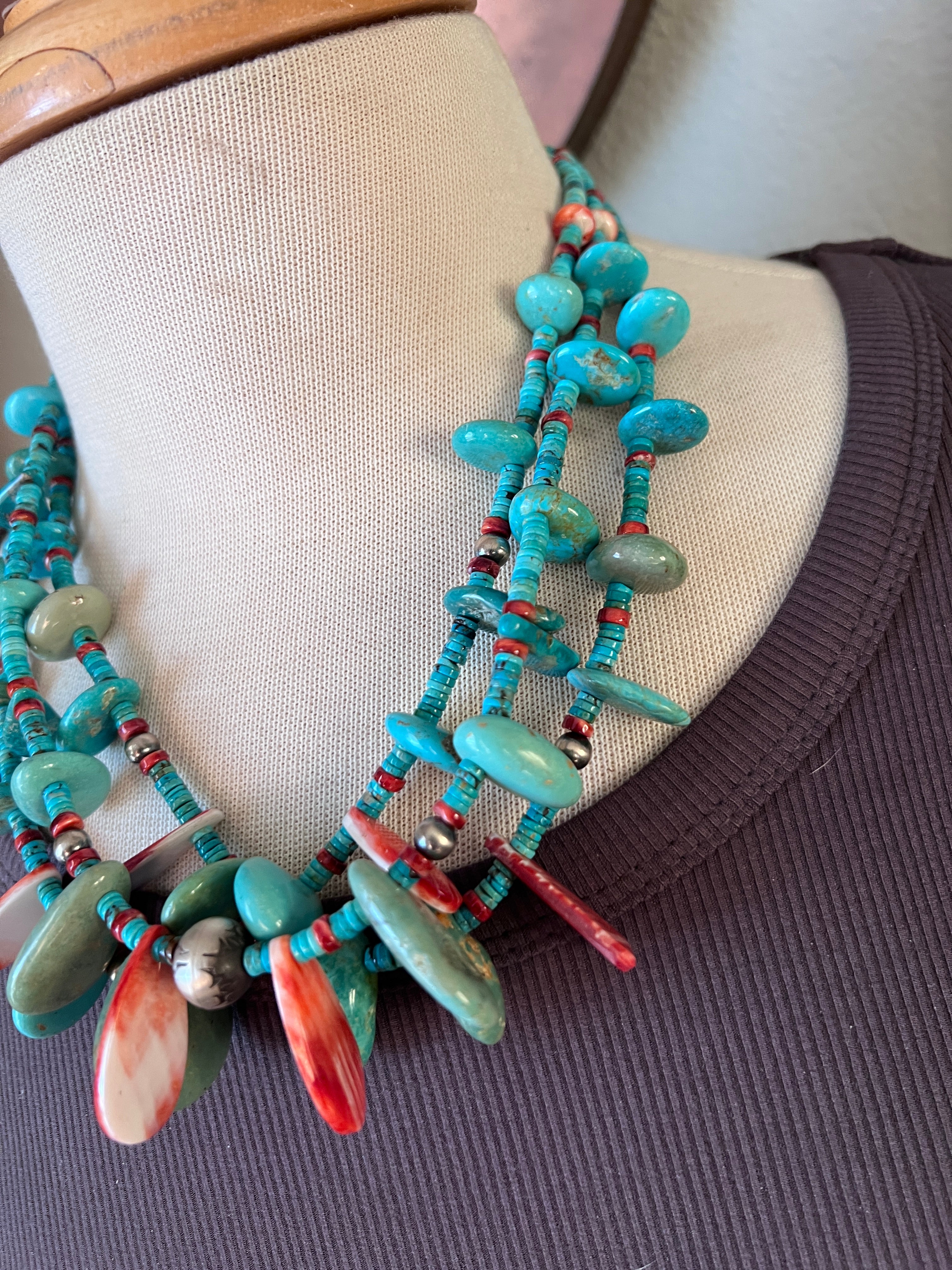 Gorgeous Handcrafted Triple Strand Sterling Silver, Turquoise and Spiny Oyster Beaded Tab Necklace by Daniel Coriz