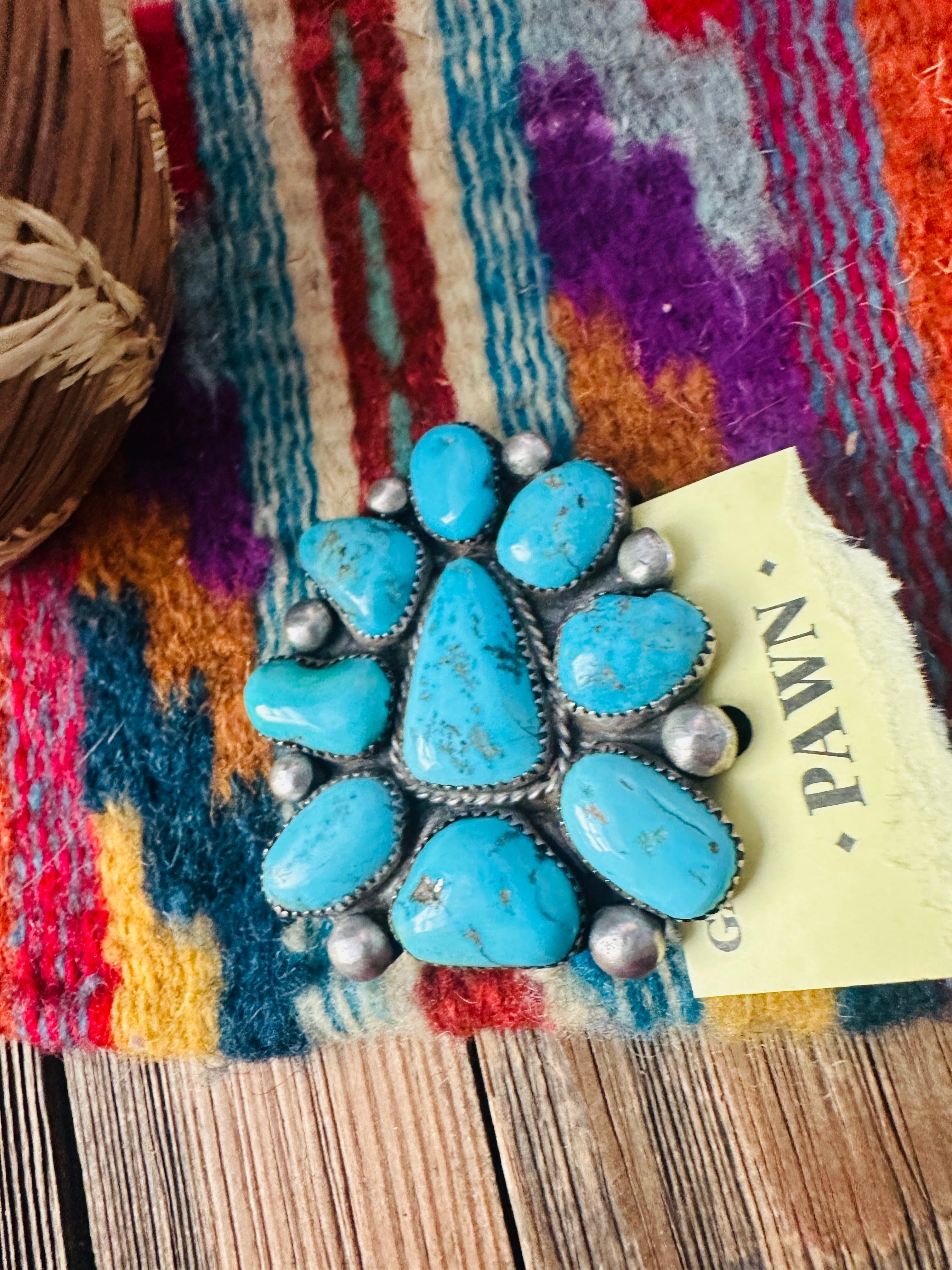Old Pawn Handcrafted Turquoise and Sterling Silver Cluster Brooch
