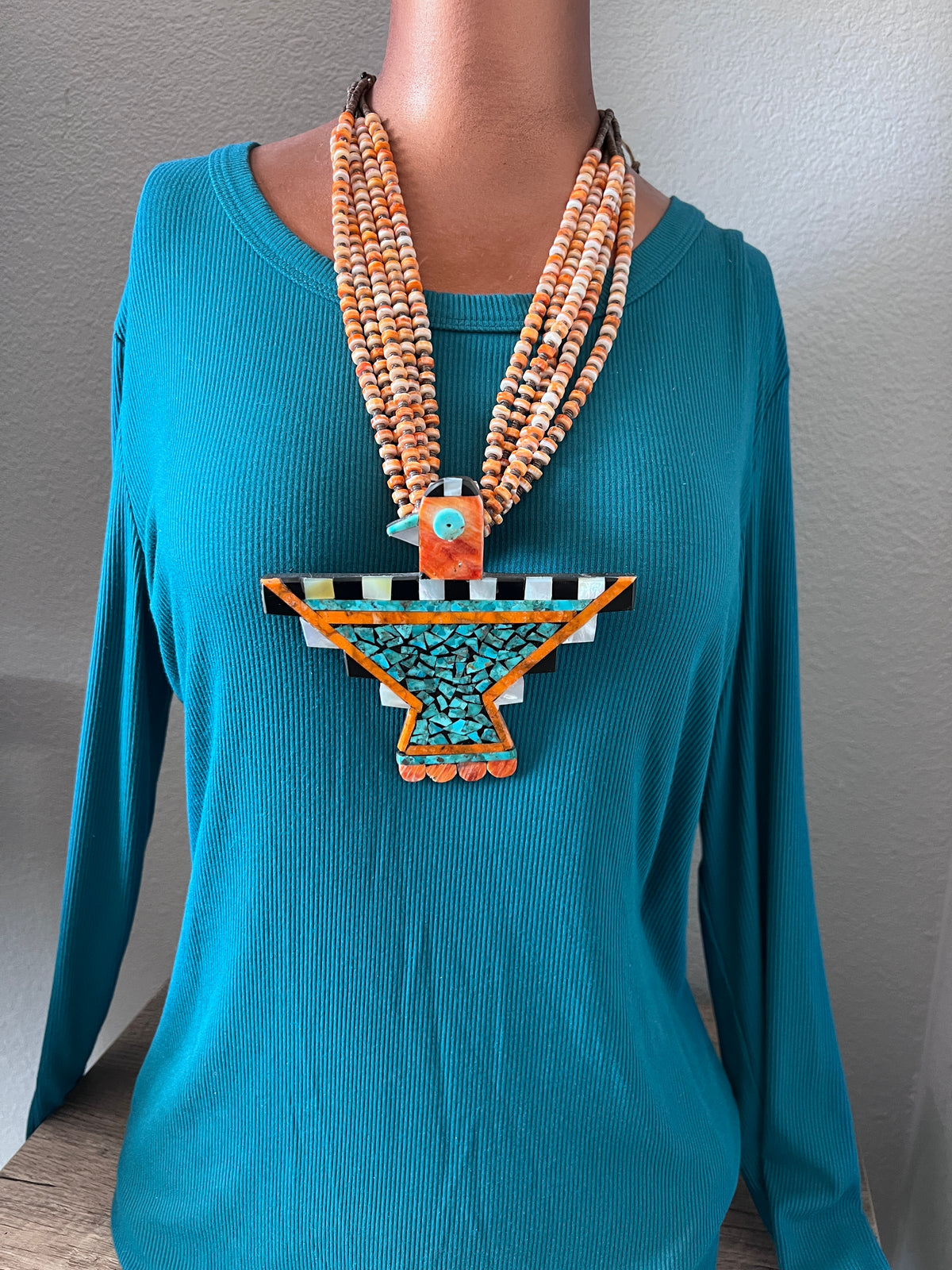 Warren Nieto Inlay Turquoise and Spiny Oyster Thunderbird Necklace & Earrings Set