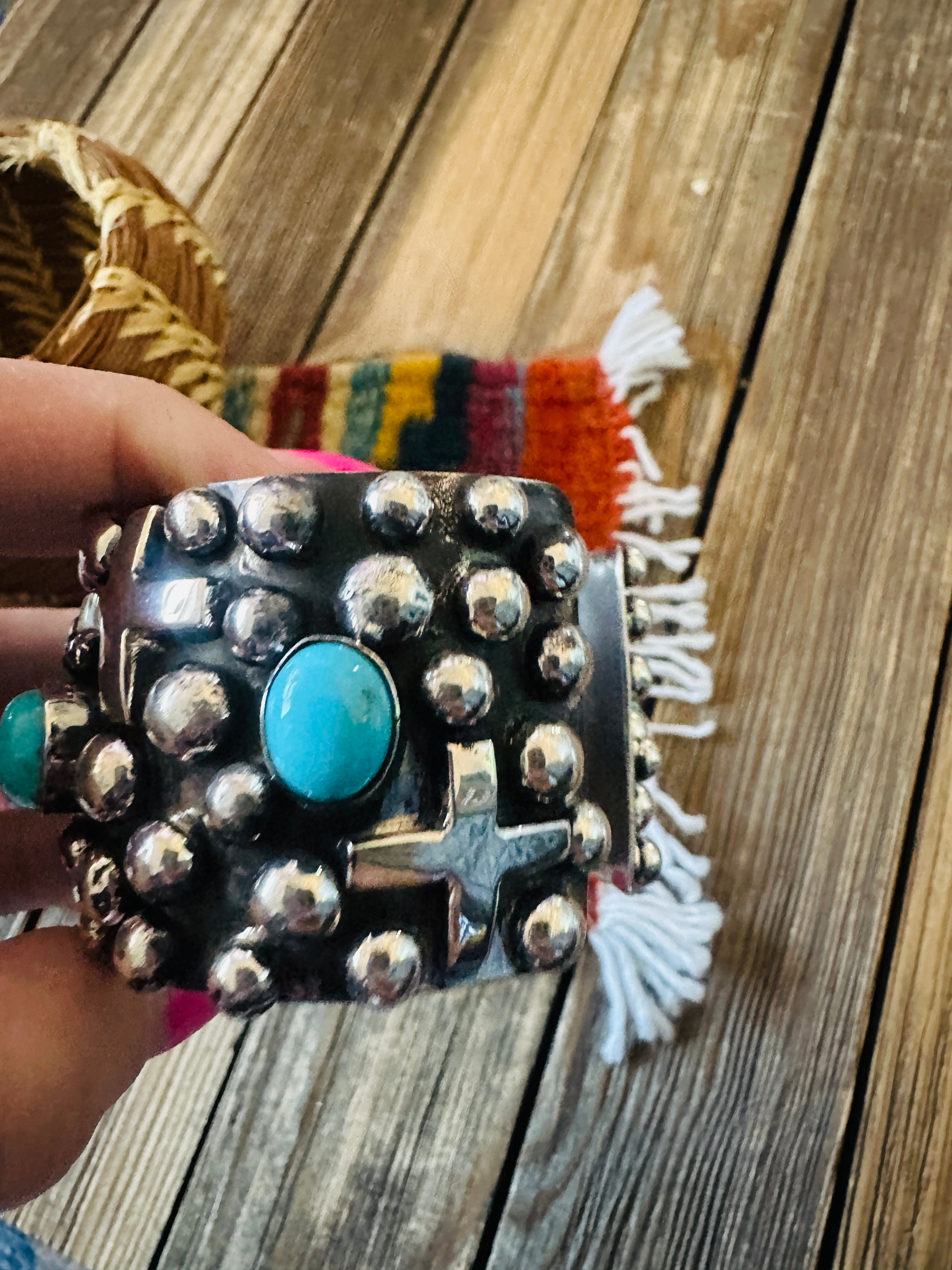 Handcrafted Turquoise & Sterling Silver Cross Cuff Bracelet By Chimney Butte